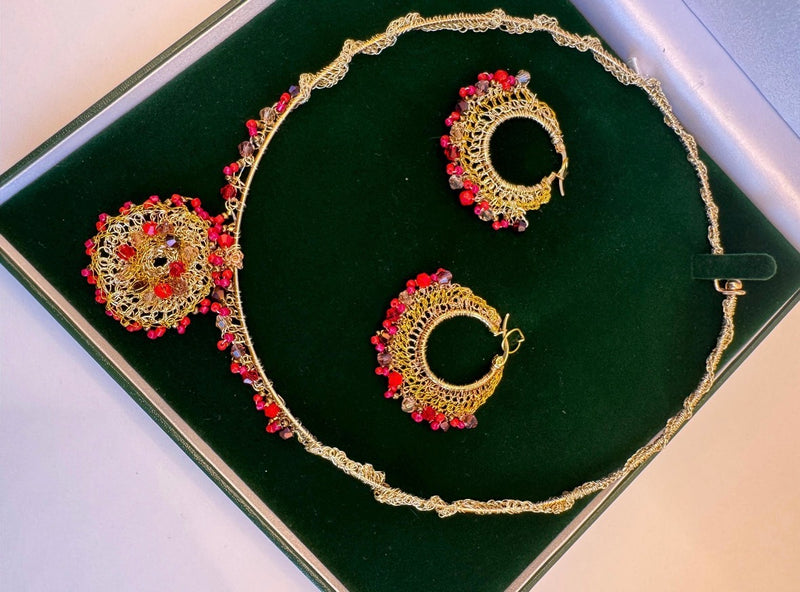 Gold Wire Woven Red Bead Statement Necklace Earrings Set | Bridal Jewellery