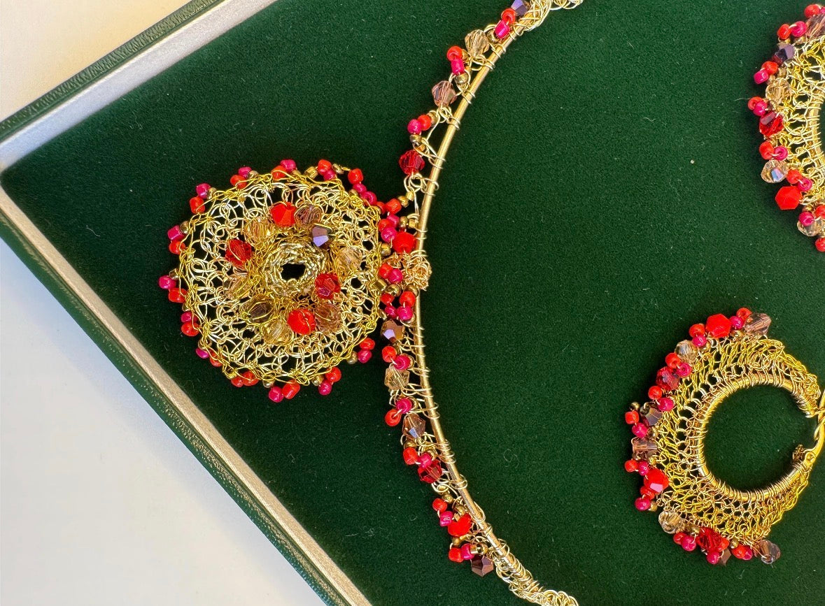 Gold Wire Woven Red Bead Statement Necklace Earrings Set | Bridal Jewellery