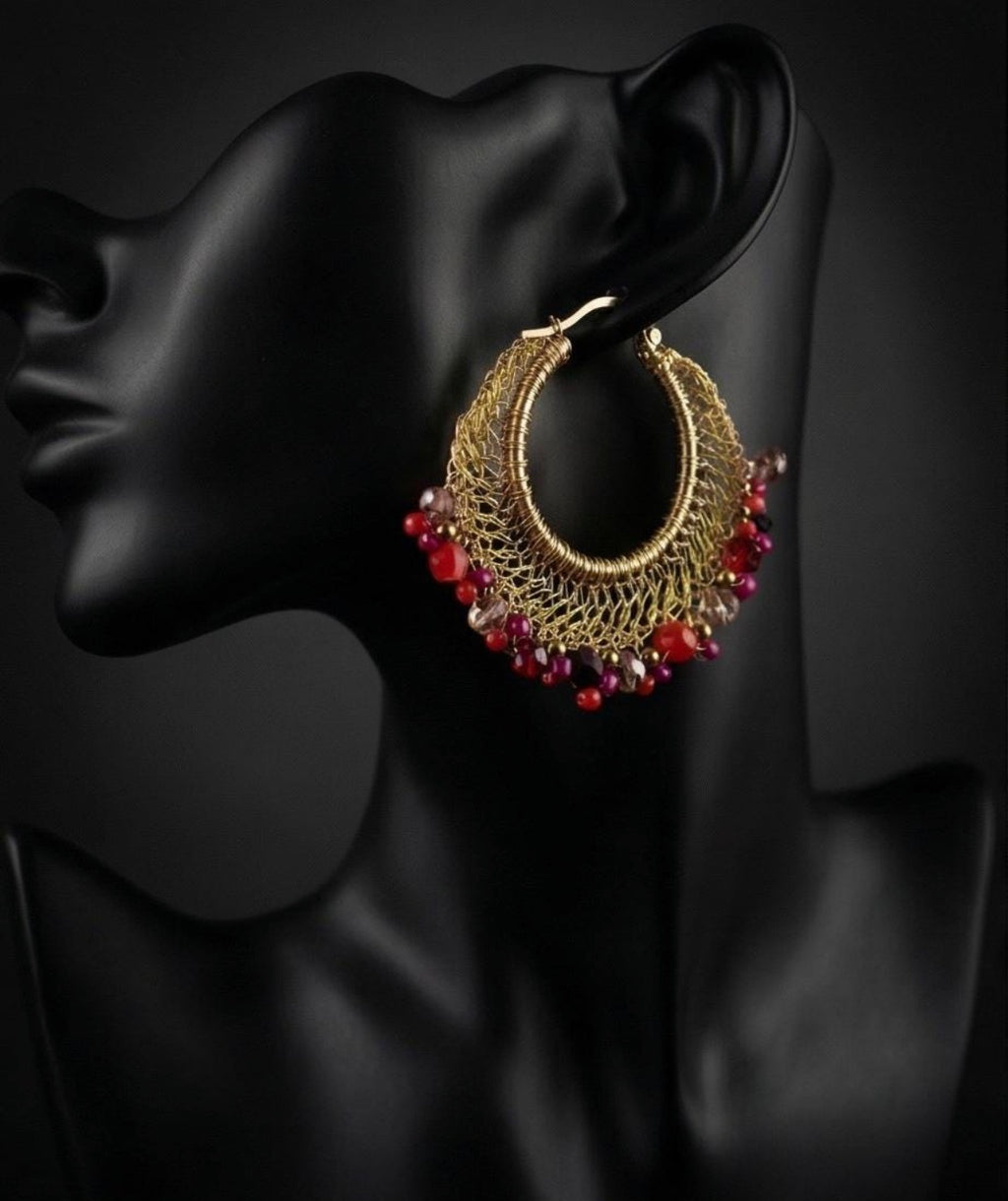 Gold Wire Woven Red Bead Statement Necklace Earrings Set | Bridal Jewellery