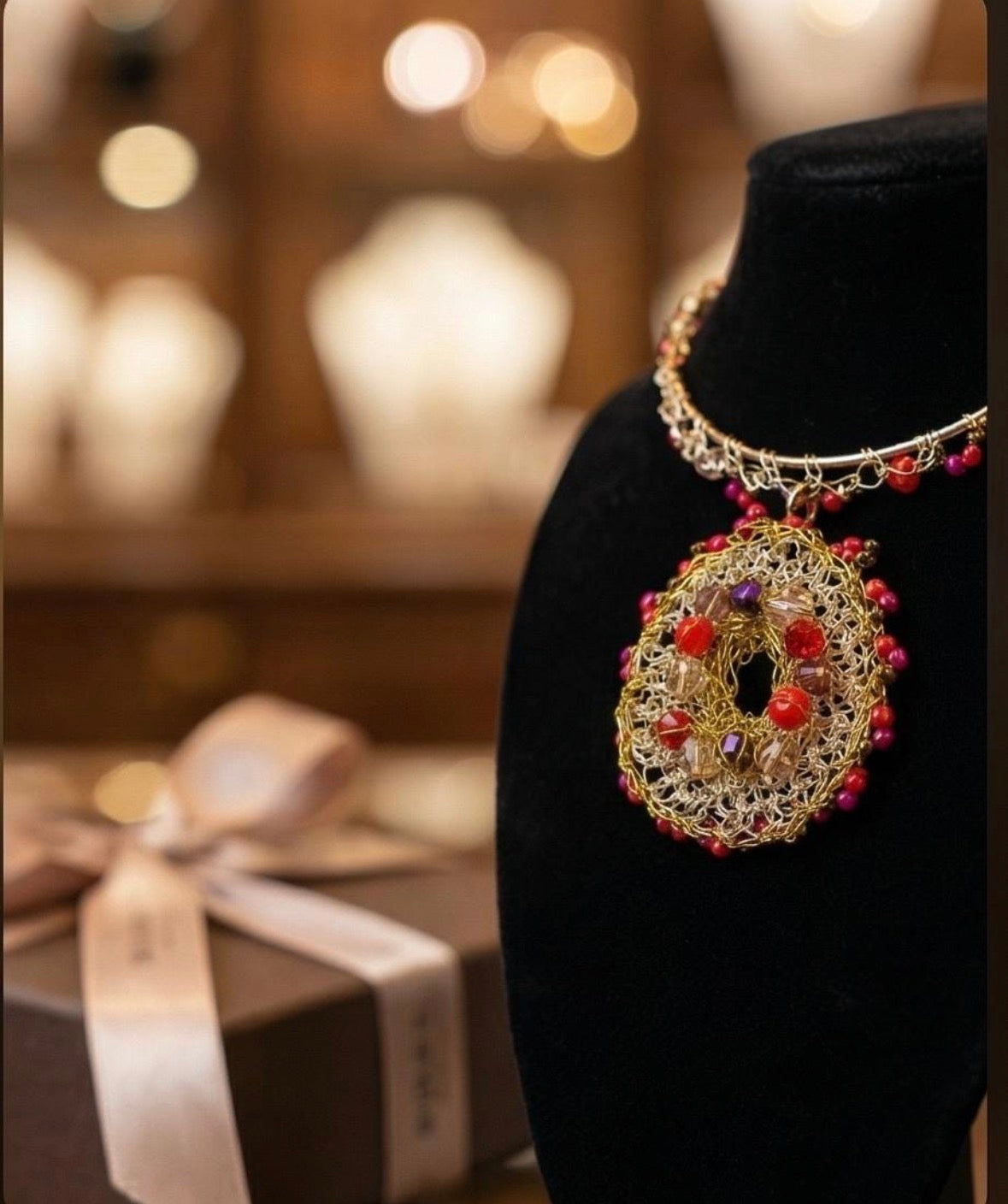 Gold Wire Woven Red Bead Statement Necklace Earrings Set | Bridal Jewellery