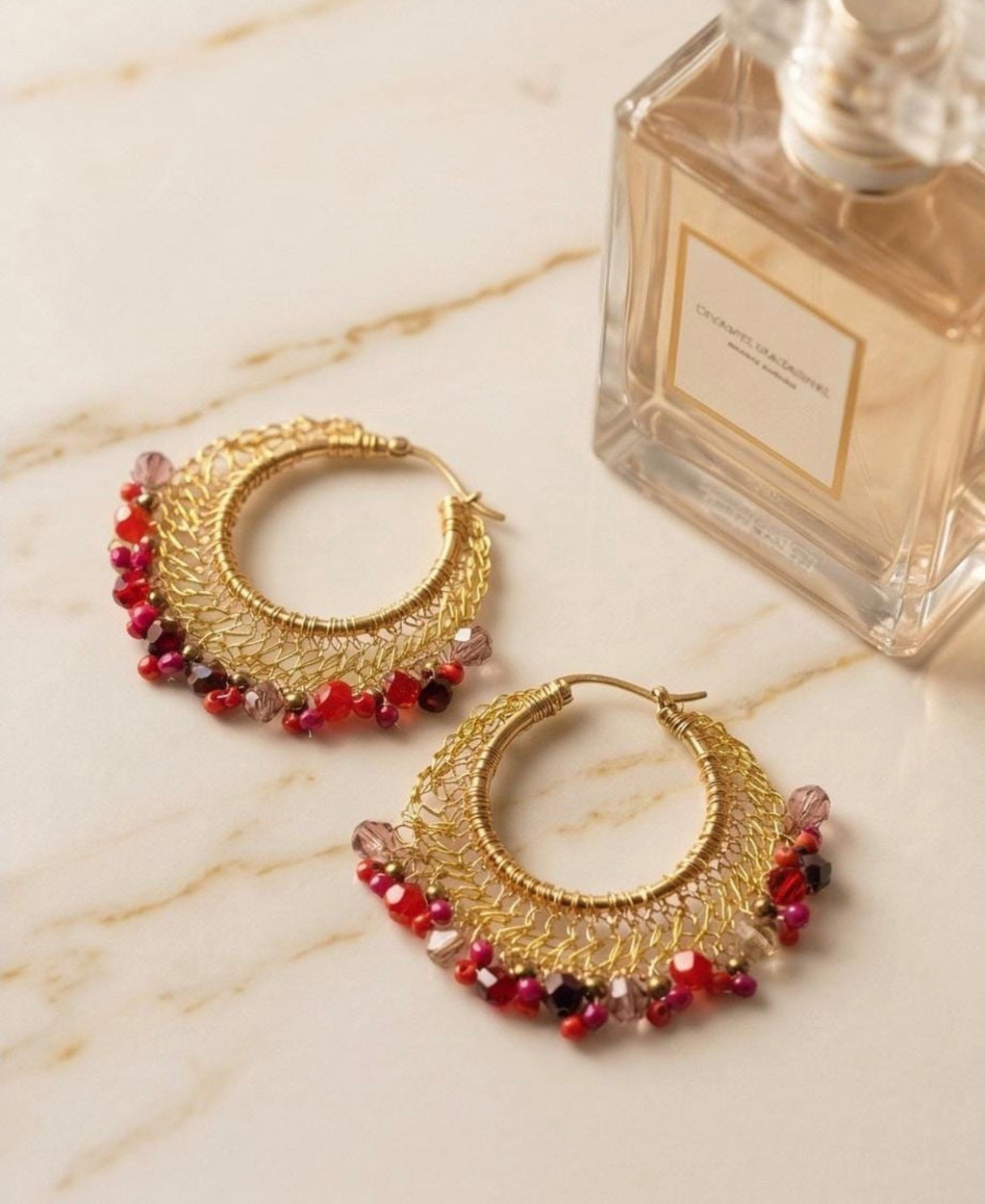 Gold Wire Woven Red Bead Statement Necklace Earrings Set | Bridal Jewellery