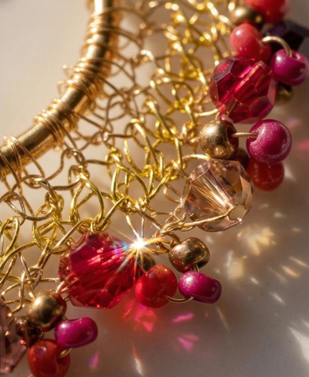 Gold Wire Woven Red Bead Statement Necklace Earrings Set | Bridal Jewellery