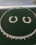 Handmade Rainbow Crystal Choker and Hoop Earrings Set | Woven Metallic Thread Jewelry