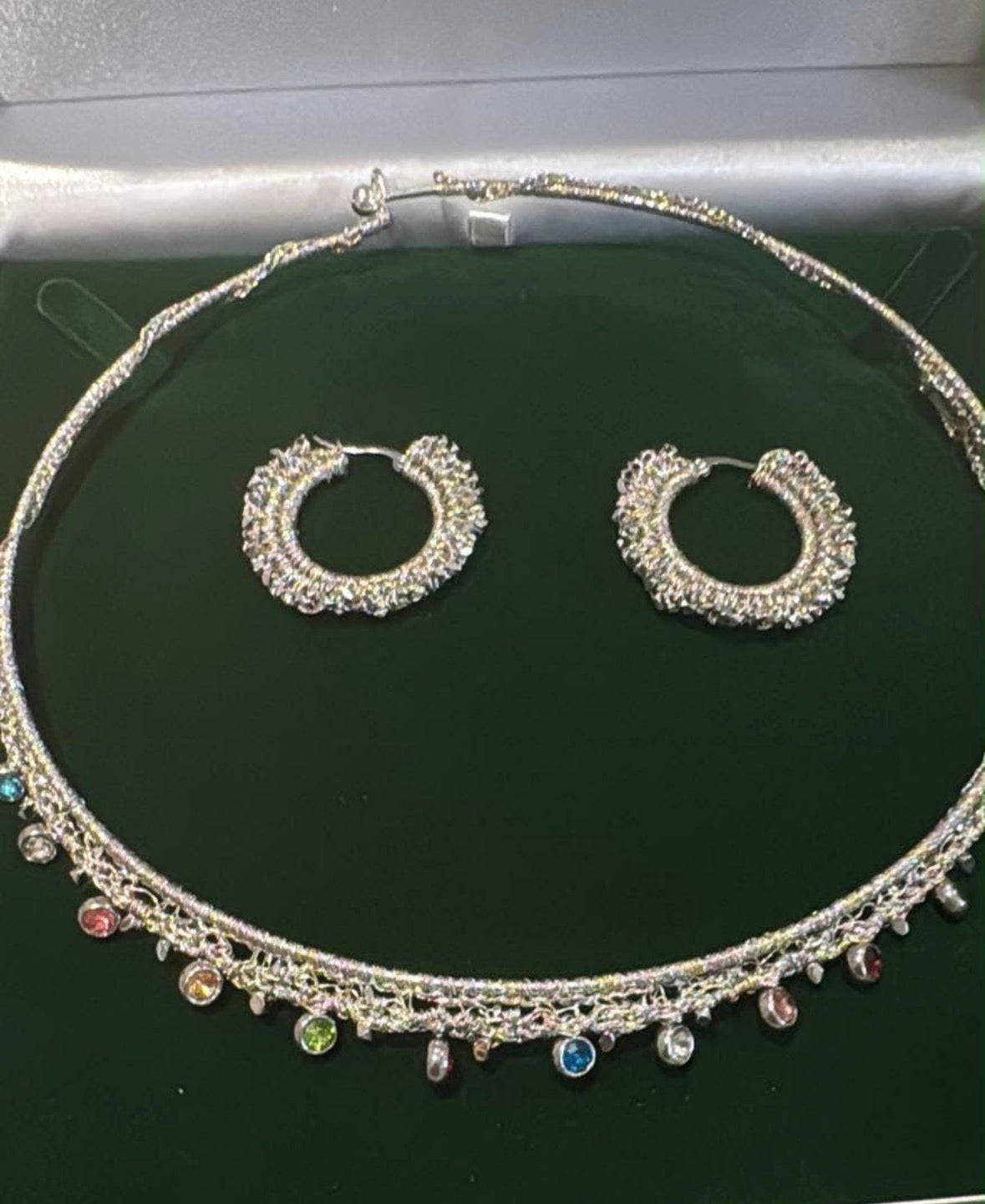 Handmade Rainbow Crystal Choker and Hoop Earrings Set | Woven Metallic Thread Jewelry