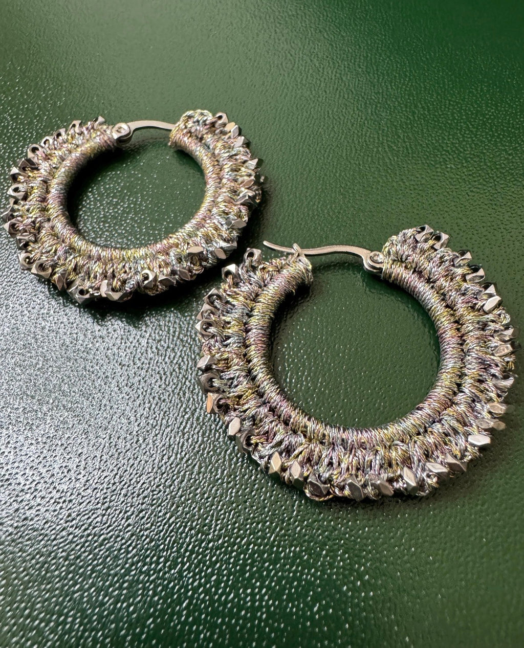 Handmade Rainbow Crystal Choker and Hoop Earrings Set | Woven Metallic Thread Jewelry