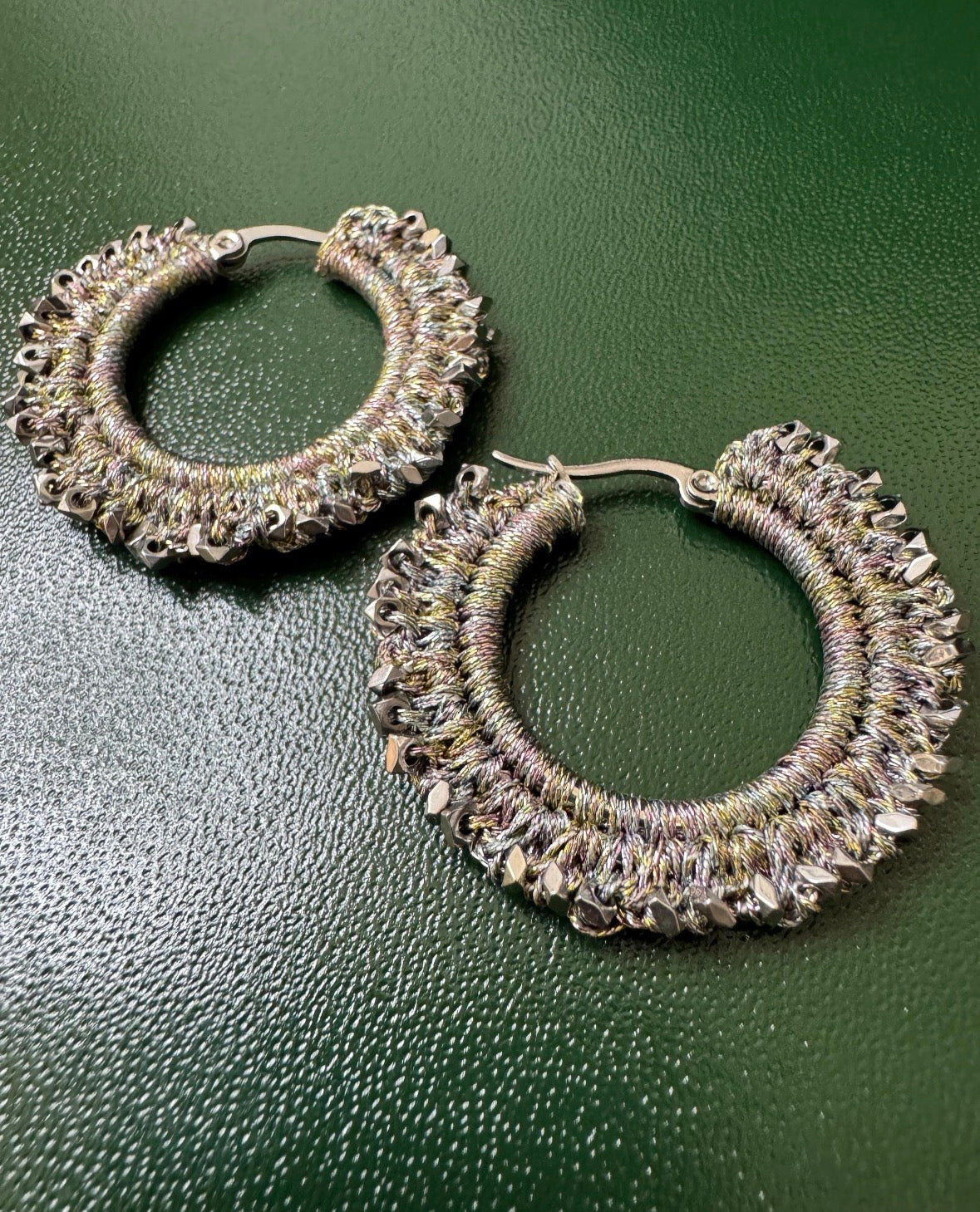 Handmade Rainbow Crystal Choker and Hoop Earrings Set | Woven Metallic Thread Jewelry