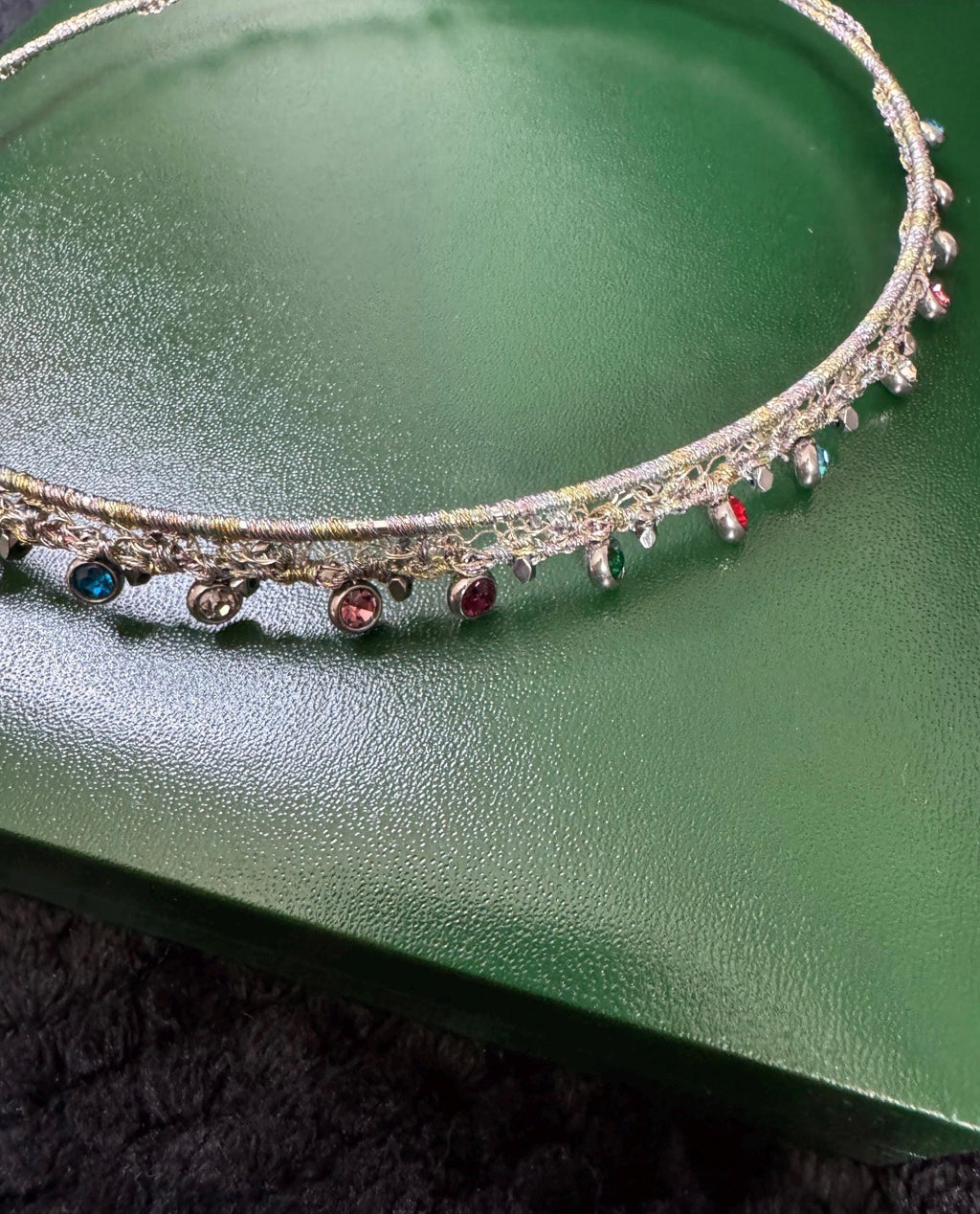 Handmade Rainbow Crystal Choker and Hoop Earrings Set | Woven Metallic Thread Jewelry
