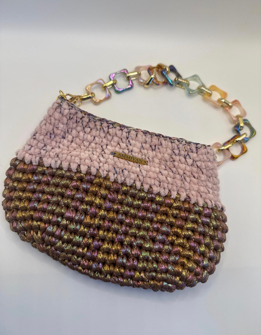 Handmade Crochet Velvet Lurex Shoulder Bag | Pastel Pink Evening Purse, Wedding Clutch