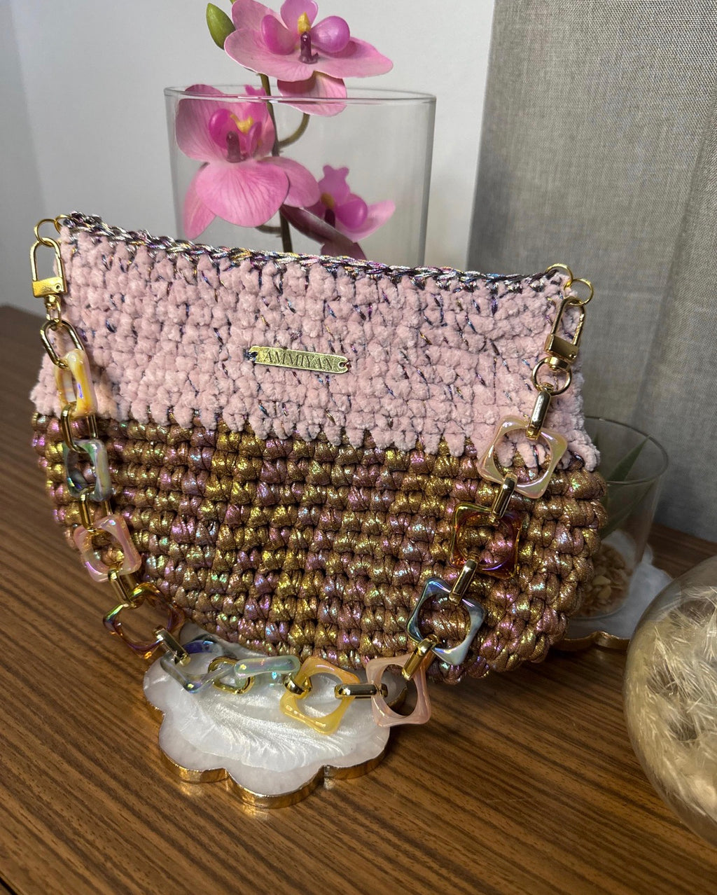 Handmade Crochet Velvet Lurex Shoulder Bag | Pastel Pink Evening Purse, Wedding Clutch