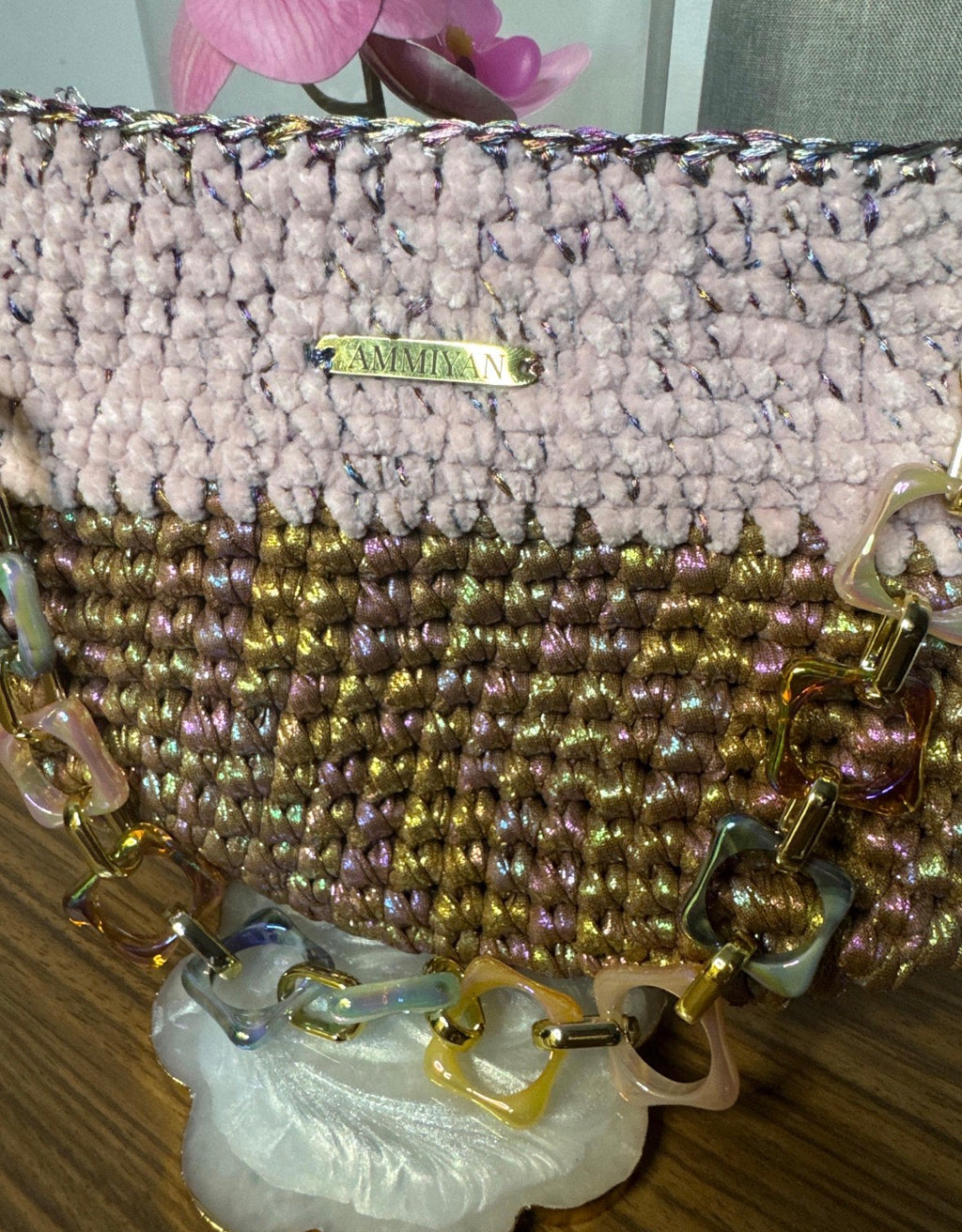 Handmade Crochet Velvet Lurex Shoulder Bag | Pastel Pink Evening Purse, Wedding Clutch