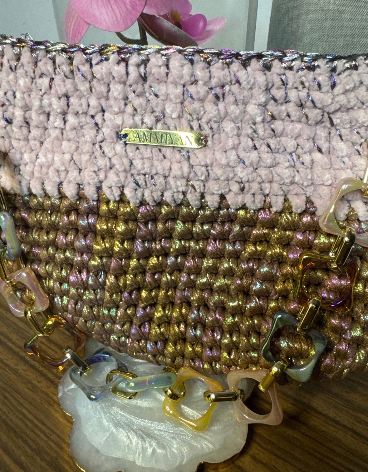Handmade Crochet Velvet Lurex Shoulder Bag | Pastel Pink Evening Purse, Wedding Clutch