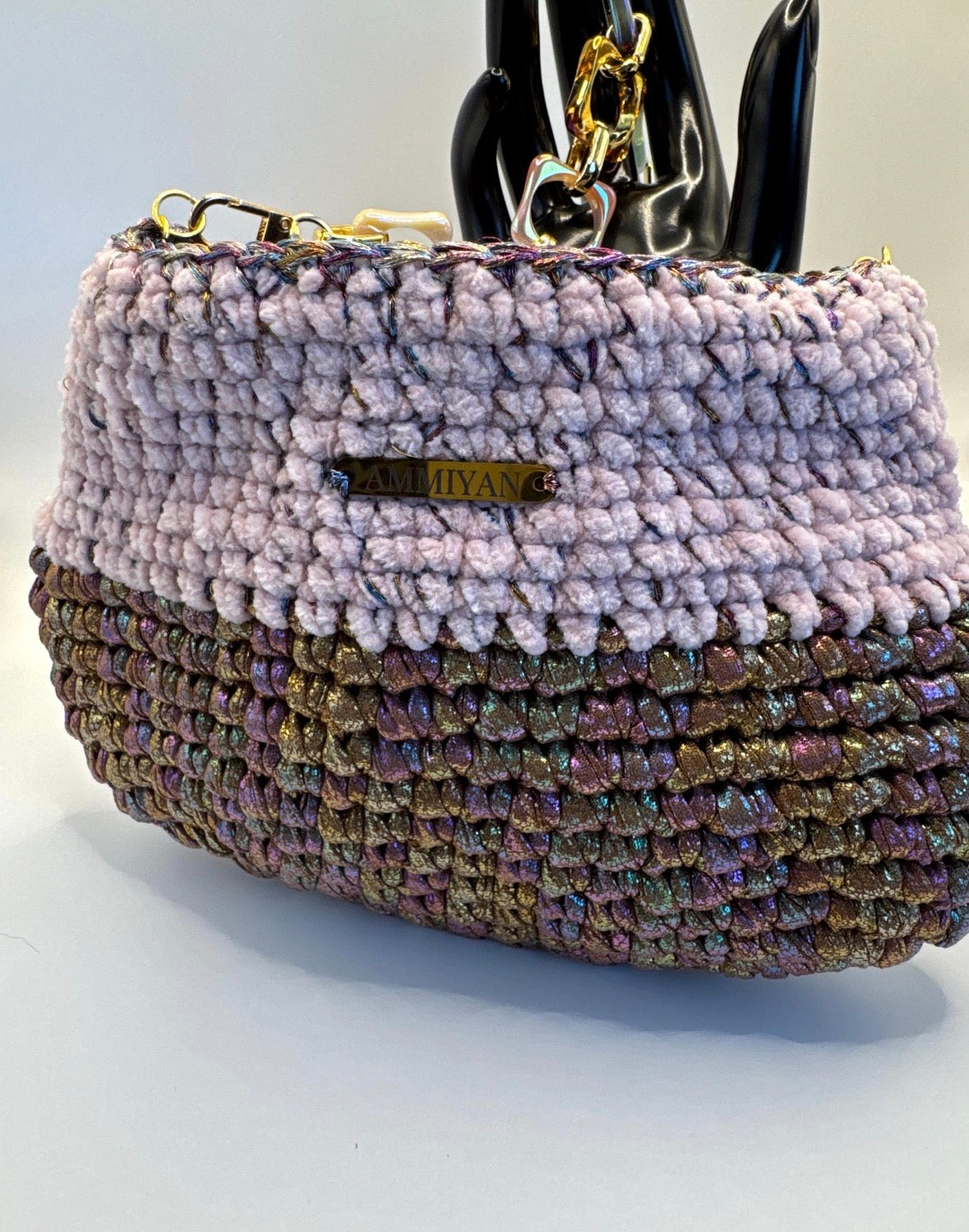 Handmade Crochet Velvet Lurex Shoulder Bag | Pastel Pink Evening Purse, Wedding Clutch