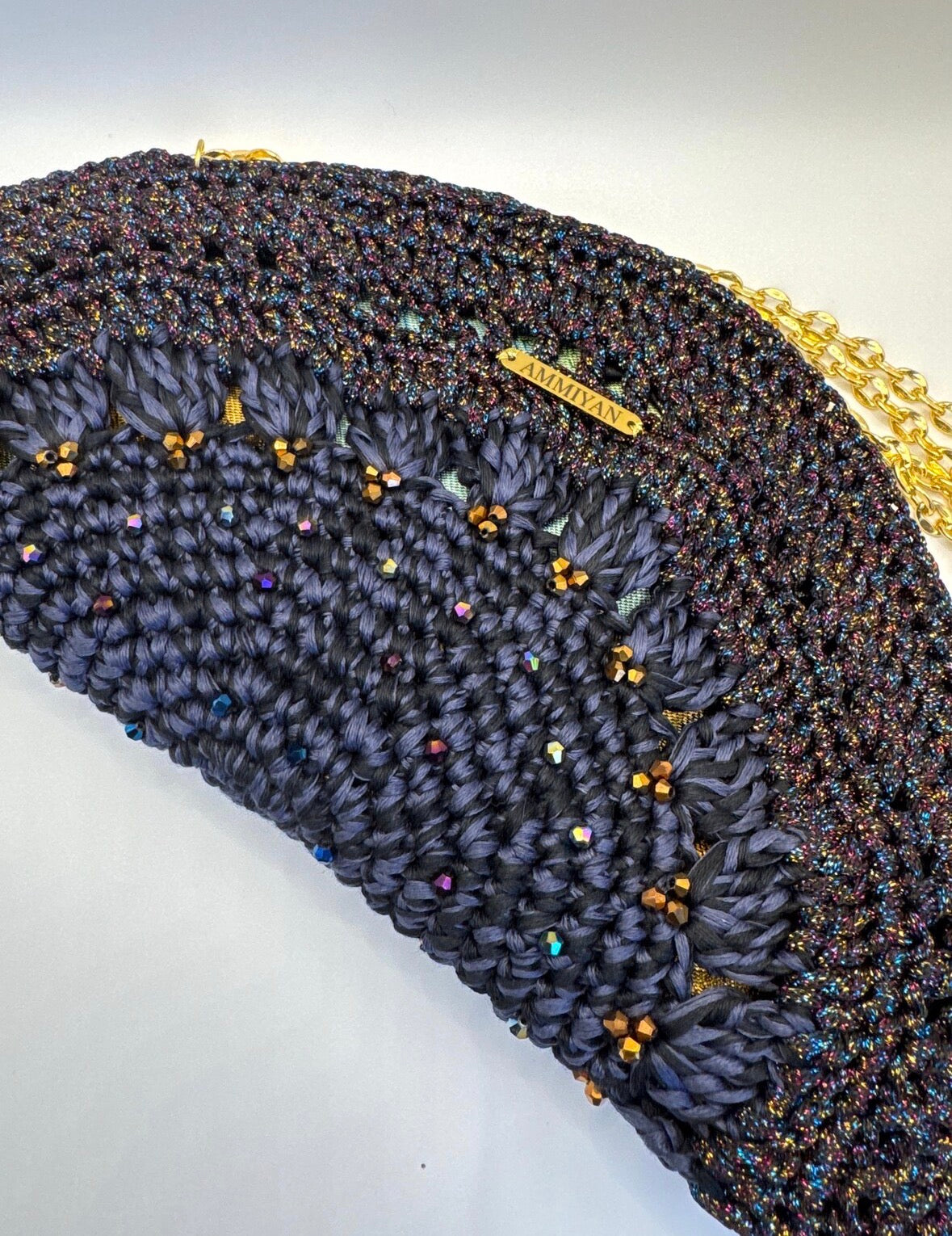 Handmade Crochet Clutch Bag | Navy Lurex Wedding Purse | Crystal Beaded Silk Lined Evening Bag