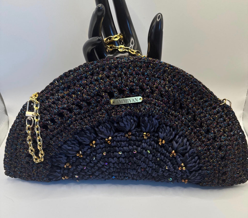 Handmade Crochet Clutch Bag | Navy Lurex Wedding Purse | Crystal Beaded Silk Lined Evening Bag