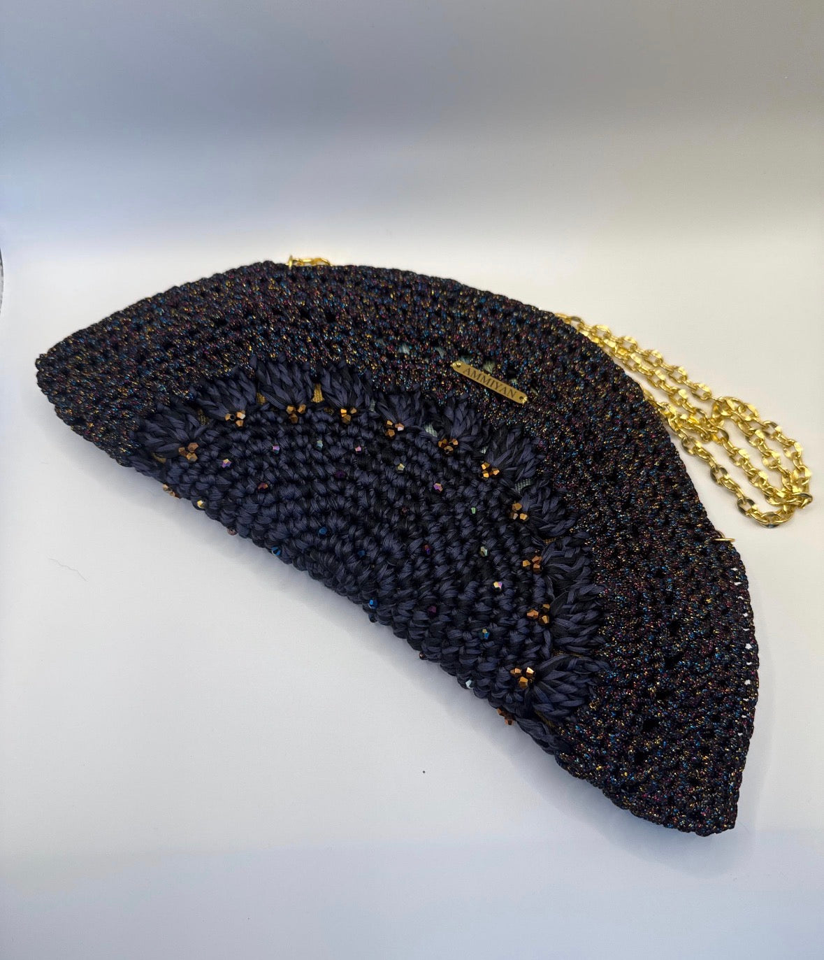 Handmade Crochet Clutch Bag | Navy Lurex Wedding Purse | Crystal Beaded Silk Lined Evening Bag