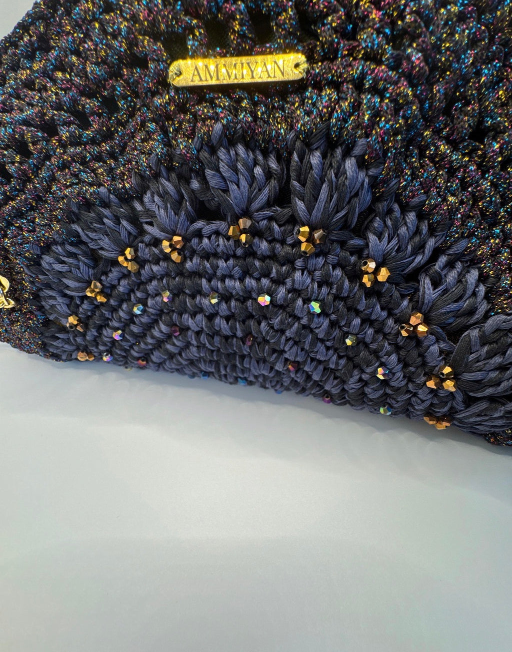 Handmade Crochet Clutch Bag | Navy Lurex Wedding Purse | Crystal Beaded Silk Lined Evening Bag