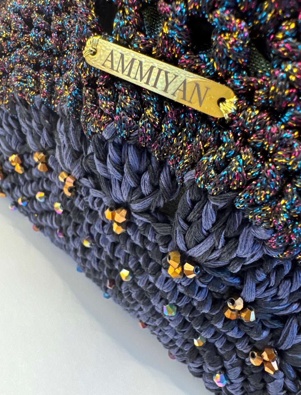 Handmade Crochet Clutch Bag | Navy Lurex Wedding Purse | Crystal Beaded Silk Lined Evening Bag