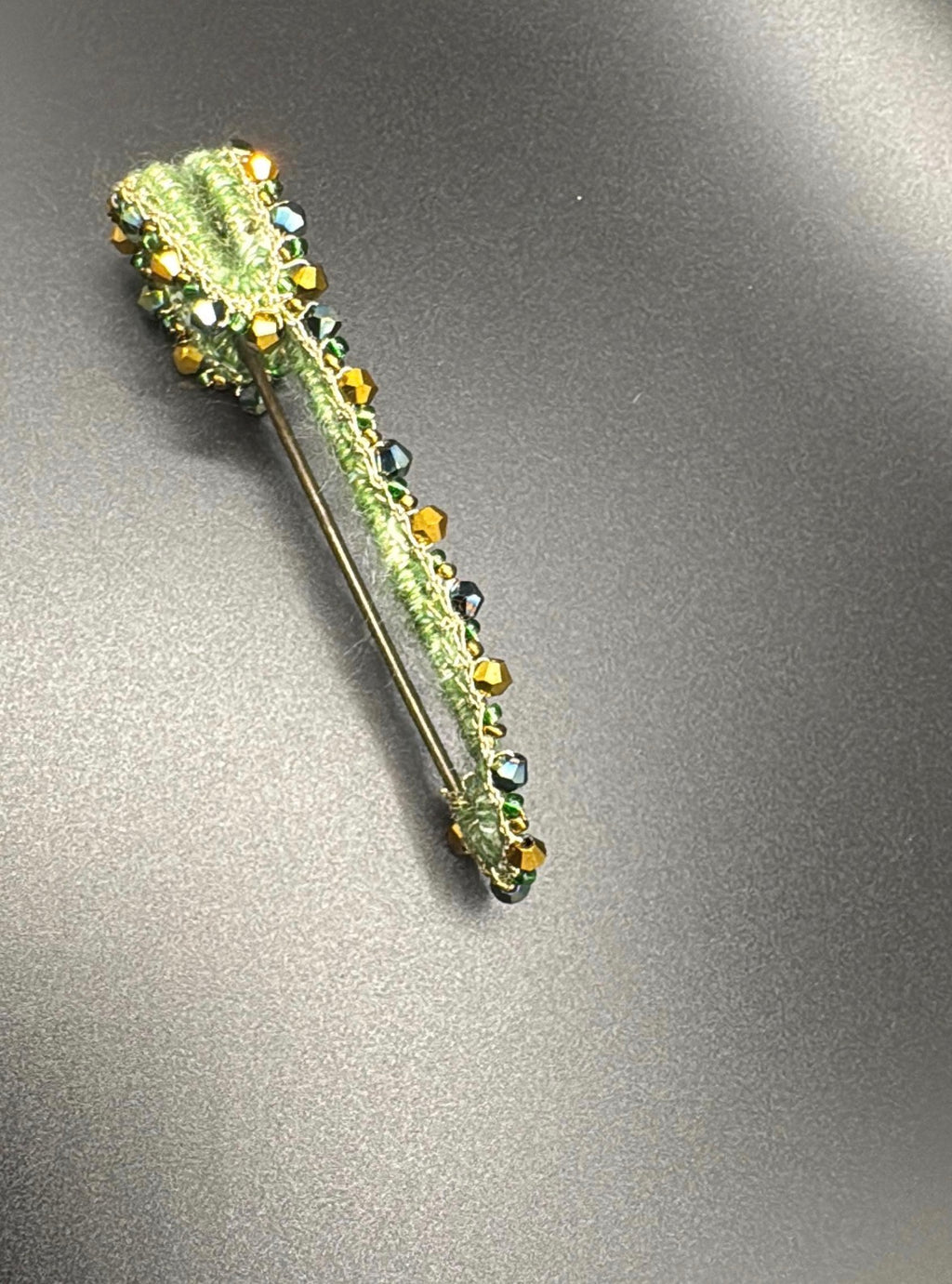 Handmade Emerald Wool Kilt Pin Brooch | Gold Bead Crystal Tartan Sash Fastener