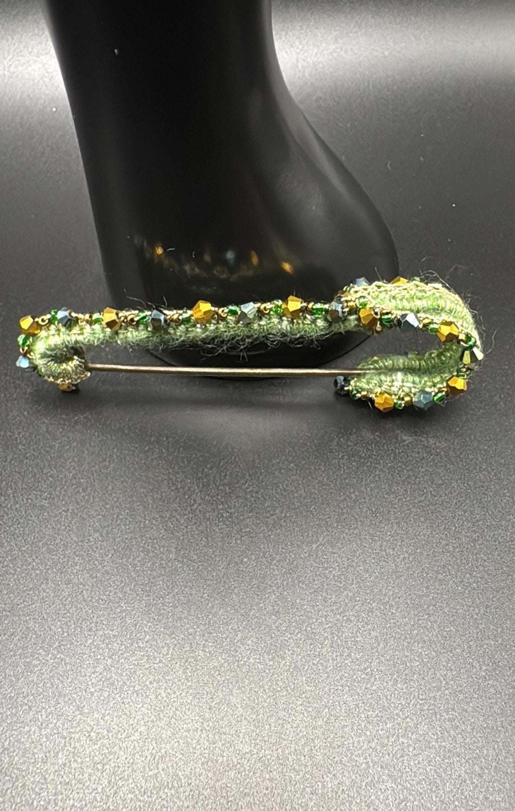 Handmade Emerald Wool Kilt Pin Brooch | Gold Bead Crystal Tartan Sash Fastener
