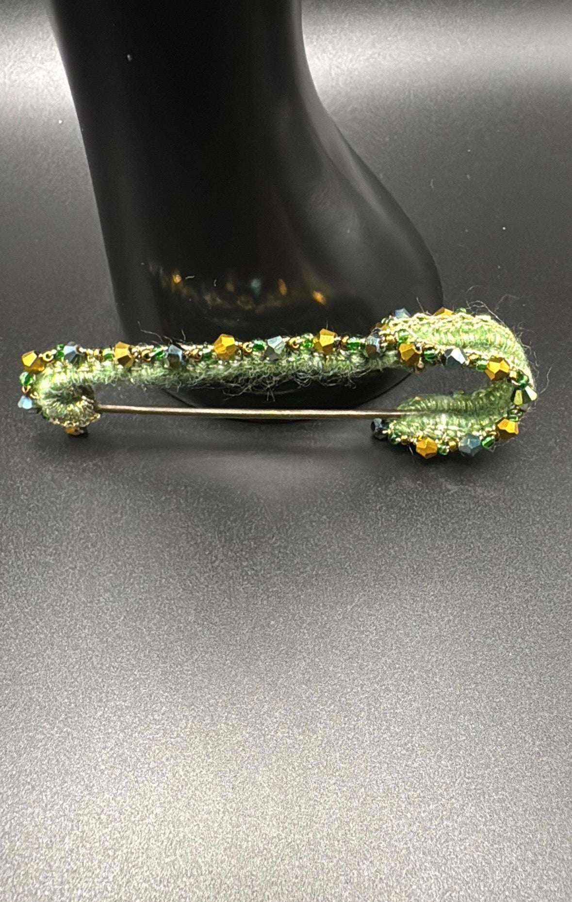 Handmade Emerald Wool Kilt Pin Brooch | Gold Bead Crystal Tartan Sash Fastener