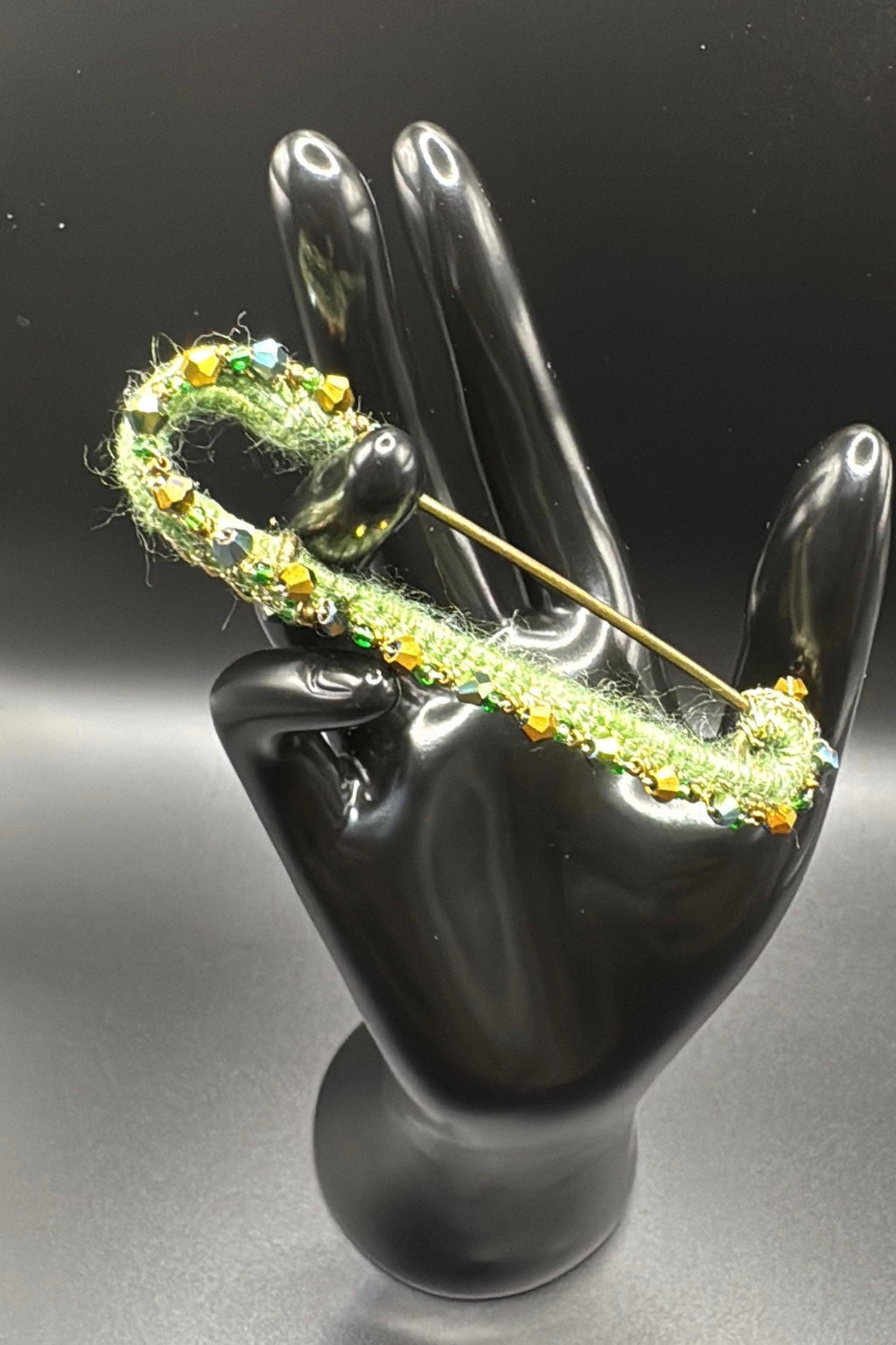 Handmade Emerald Wool Kilt Pin Brooch | Gold Bead Crystal Tartan Sash Fastener
