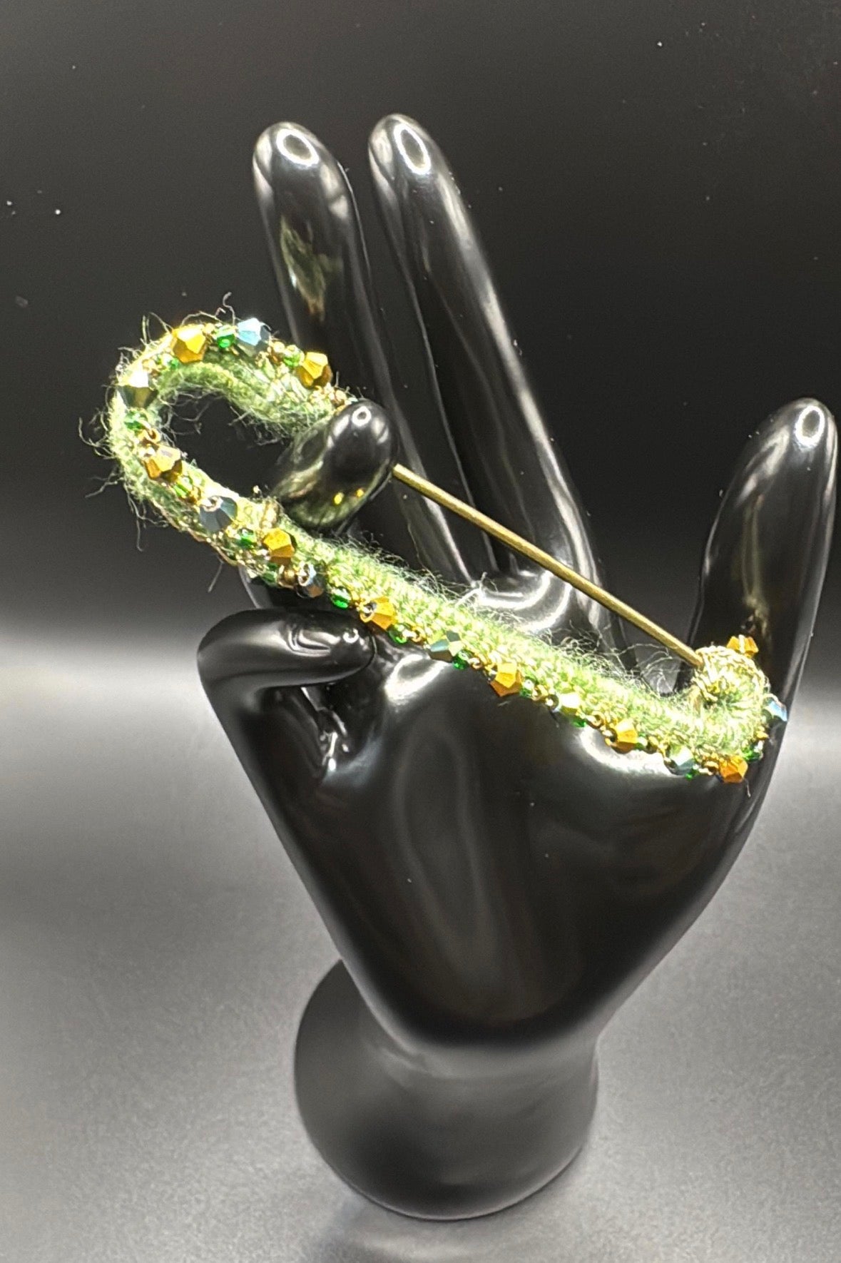 Handmade Emerald Wool Kilt Pin Brooch | Gold Bead Crystal Tartan Sash Fastener