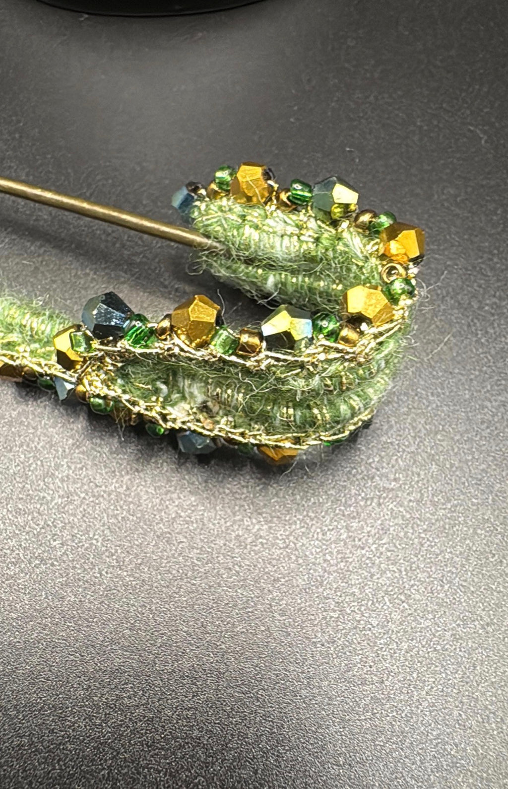 Handmade Emerald Wool Kilt Pin Brooch | Gold Bead Crystal Tartan Sash Fastener