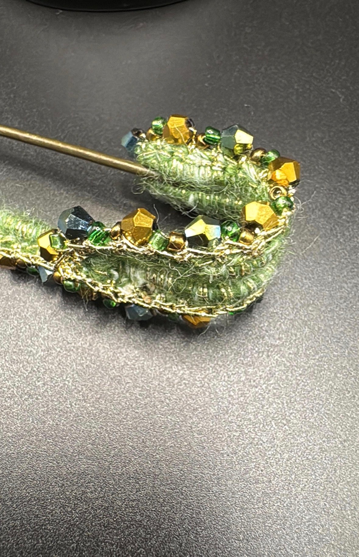 Handmade Emerald Wool Kilt Pin Brooch | Gold Bead Crystal Tartan Sash Fastener