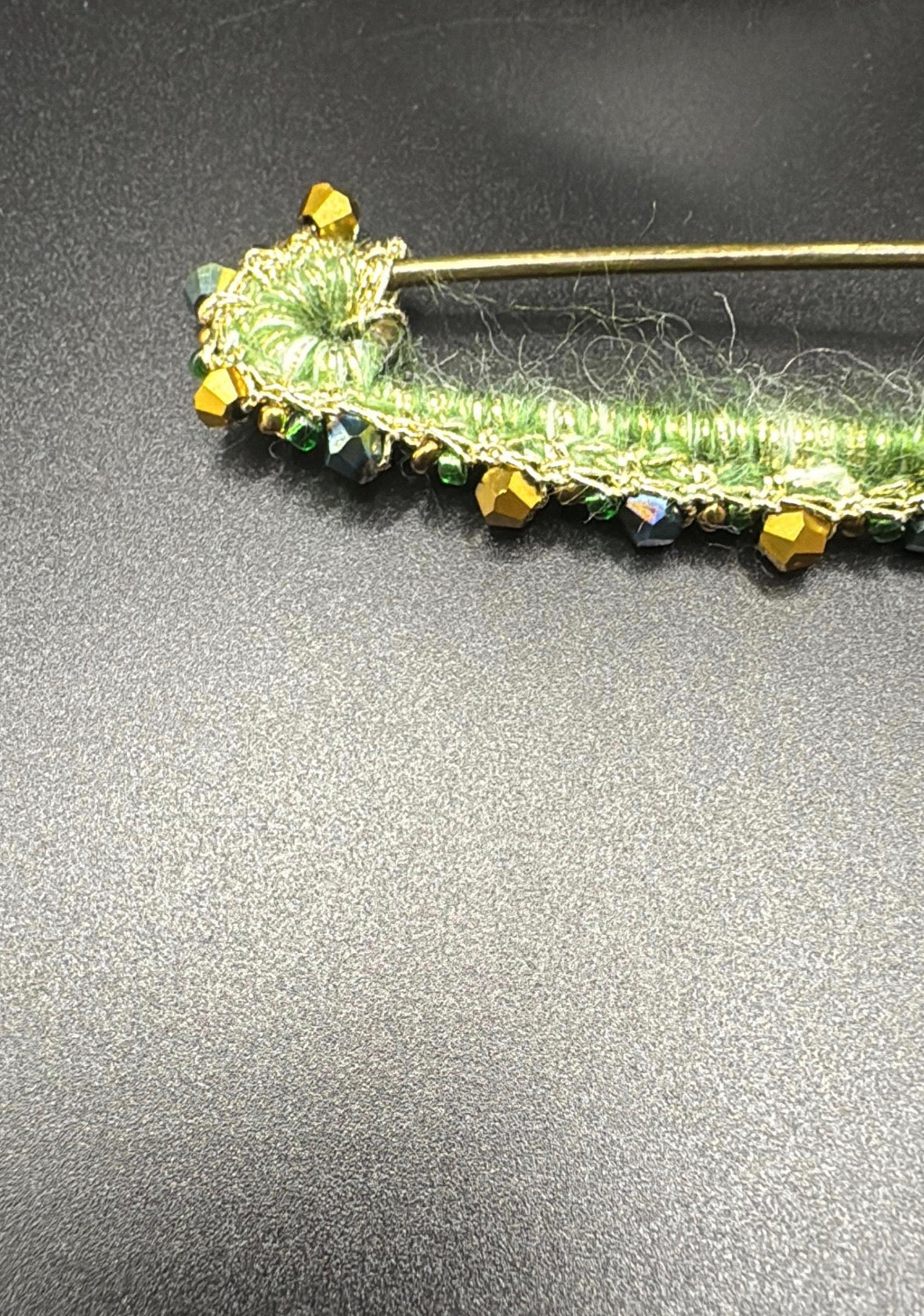 Handmade Emerald Wool Kilt Pin Brooch | Gold Bead Crystal Tartan Sash Fastener