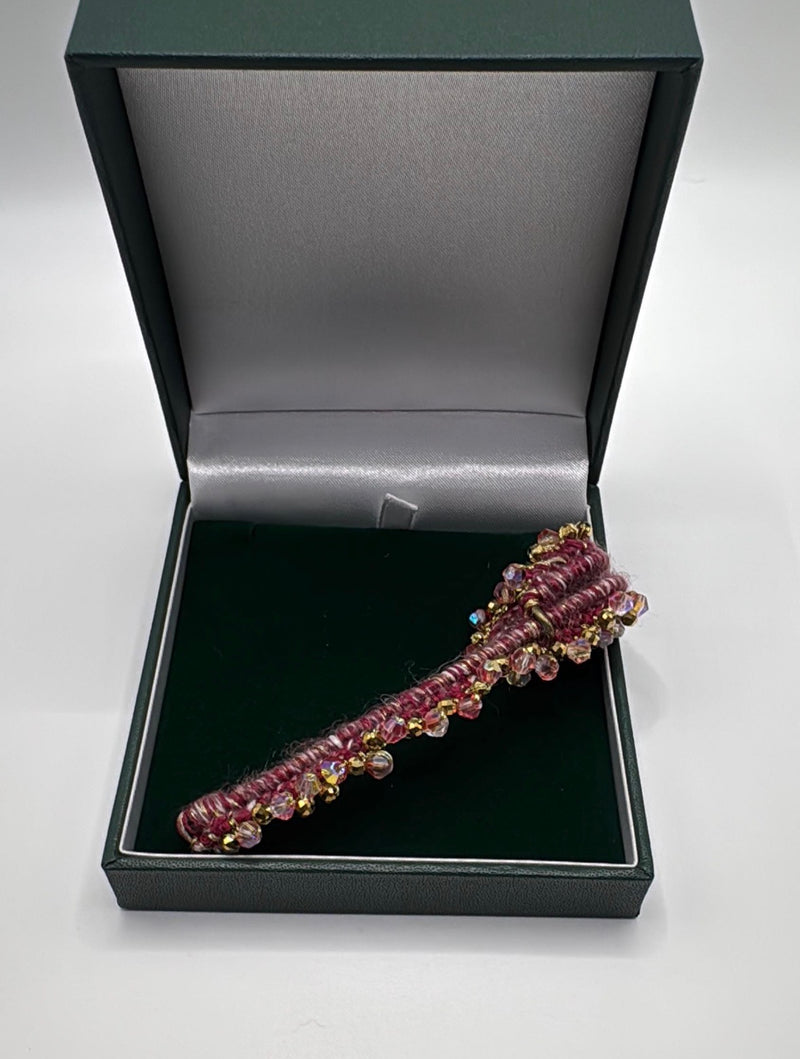 Handmade Burgundy Wool Kilt Pin Brooch | Gold Beads, Crystals, Scottish Sash Fastener
