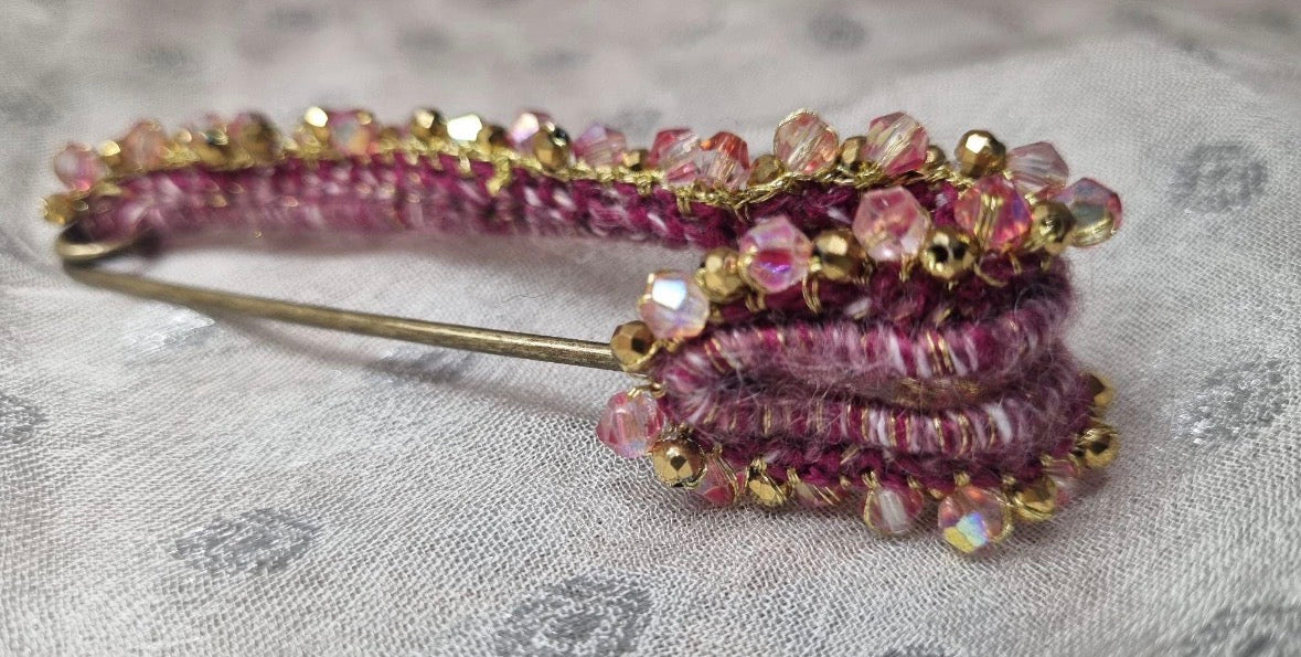 Handmade Burgundy Wool Kilt Pin Brooch | Gold Beads, Crystals, Scottish Sash Fastener