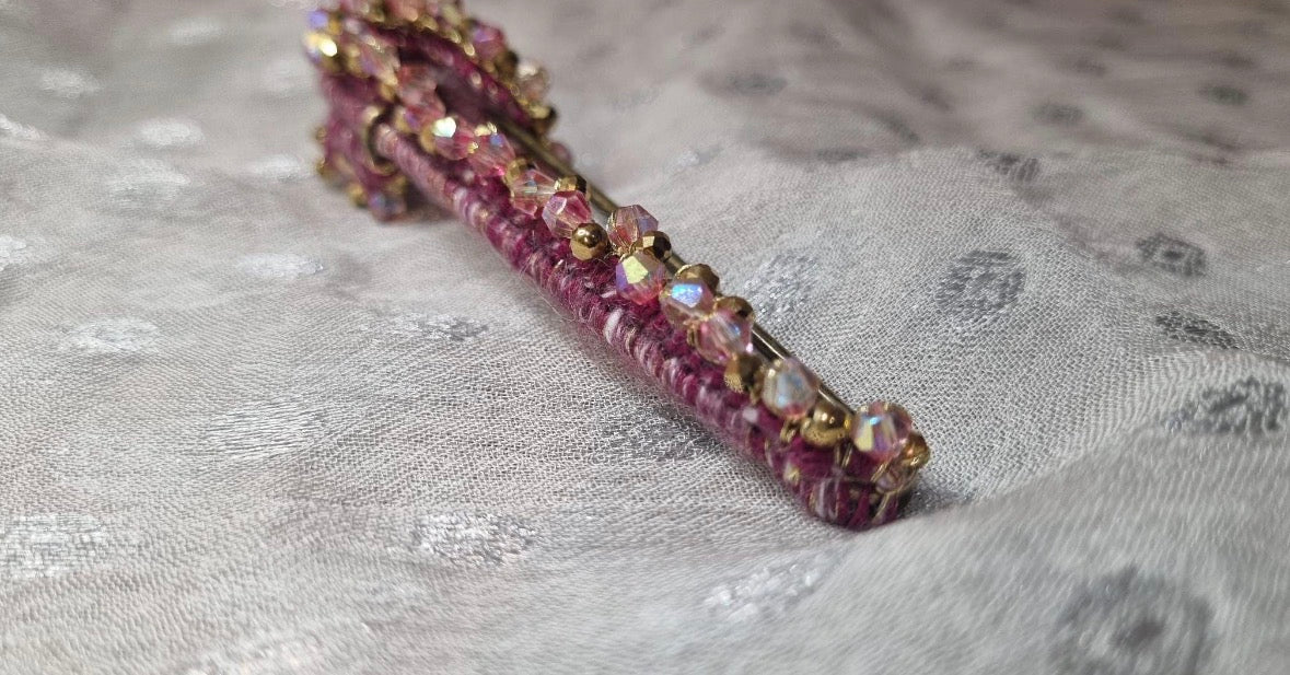 Handmade Burgundy Wool Kilt Pin Brooch | Gold Beads, Crystals, Scottish Sash Fastener