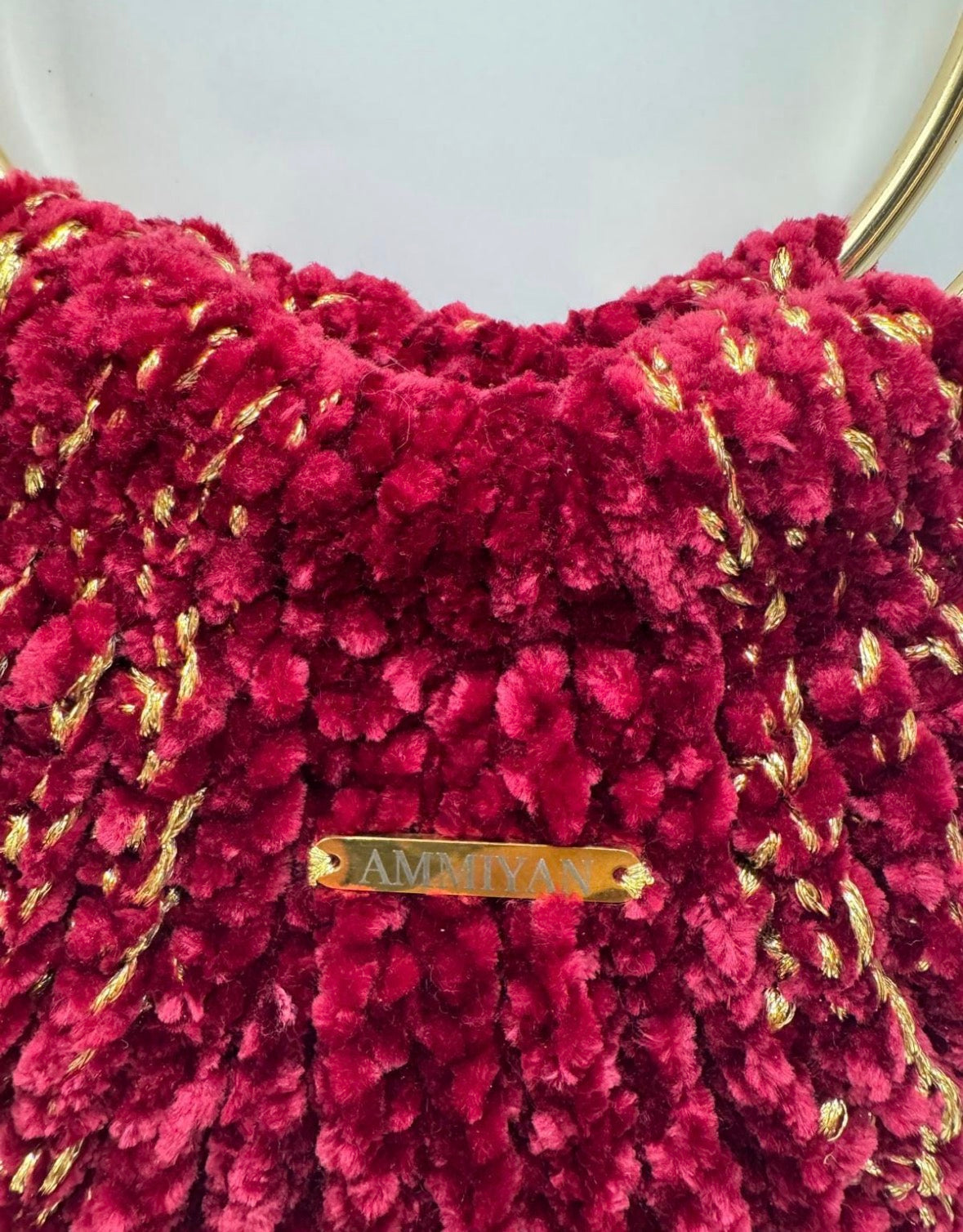 Handmade Red Velvet Crochet Bag | Gold Ring Handle Evening Purse | Wedding Clutch | Bridal Handbag