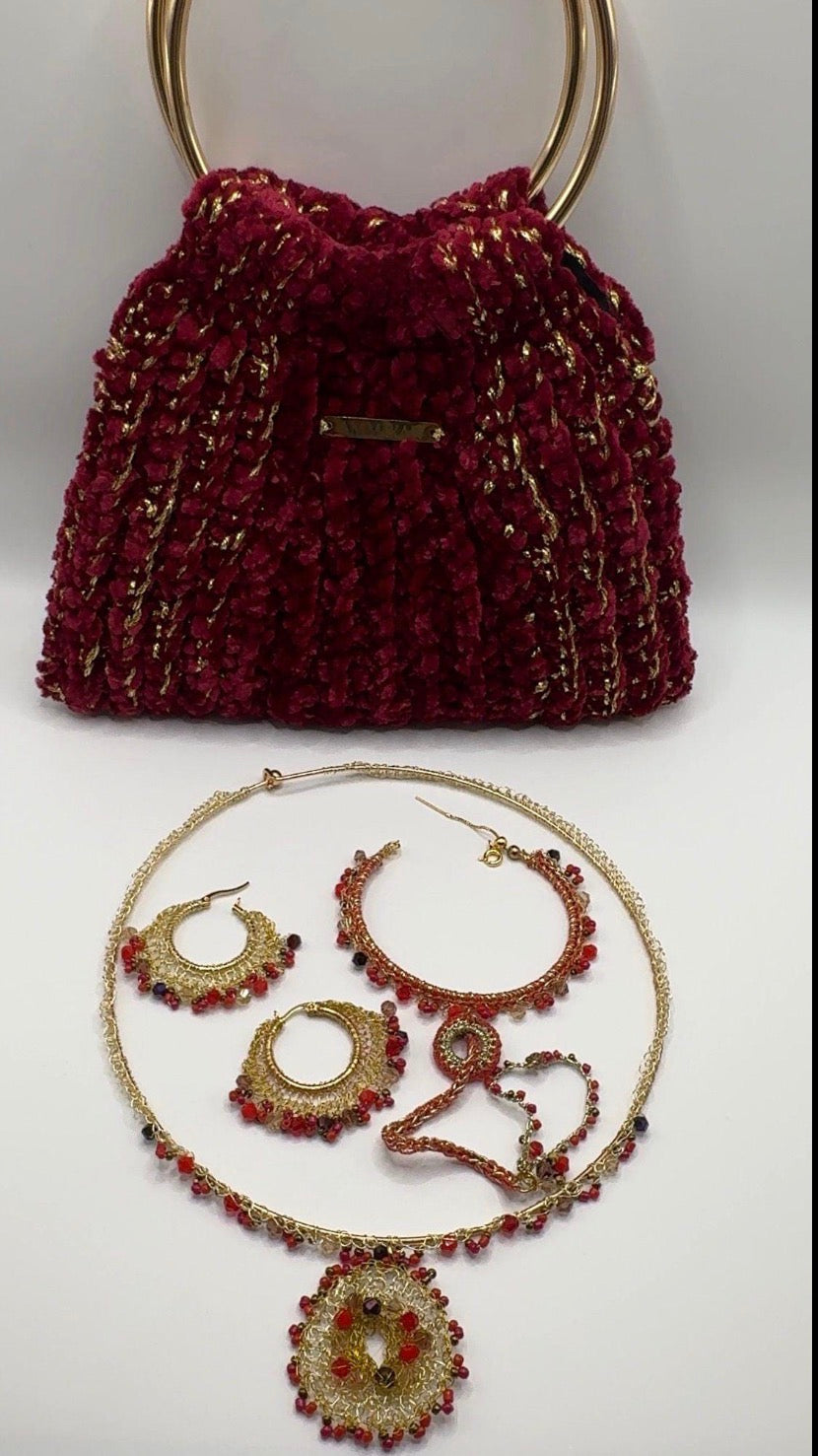 Handmade Red Velvet Crochet Bag | Gold Ring Handle Evening Purse | Wedding Clutch | Bridal Handbag