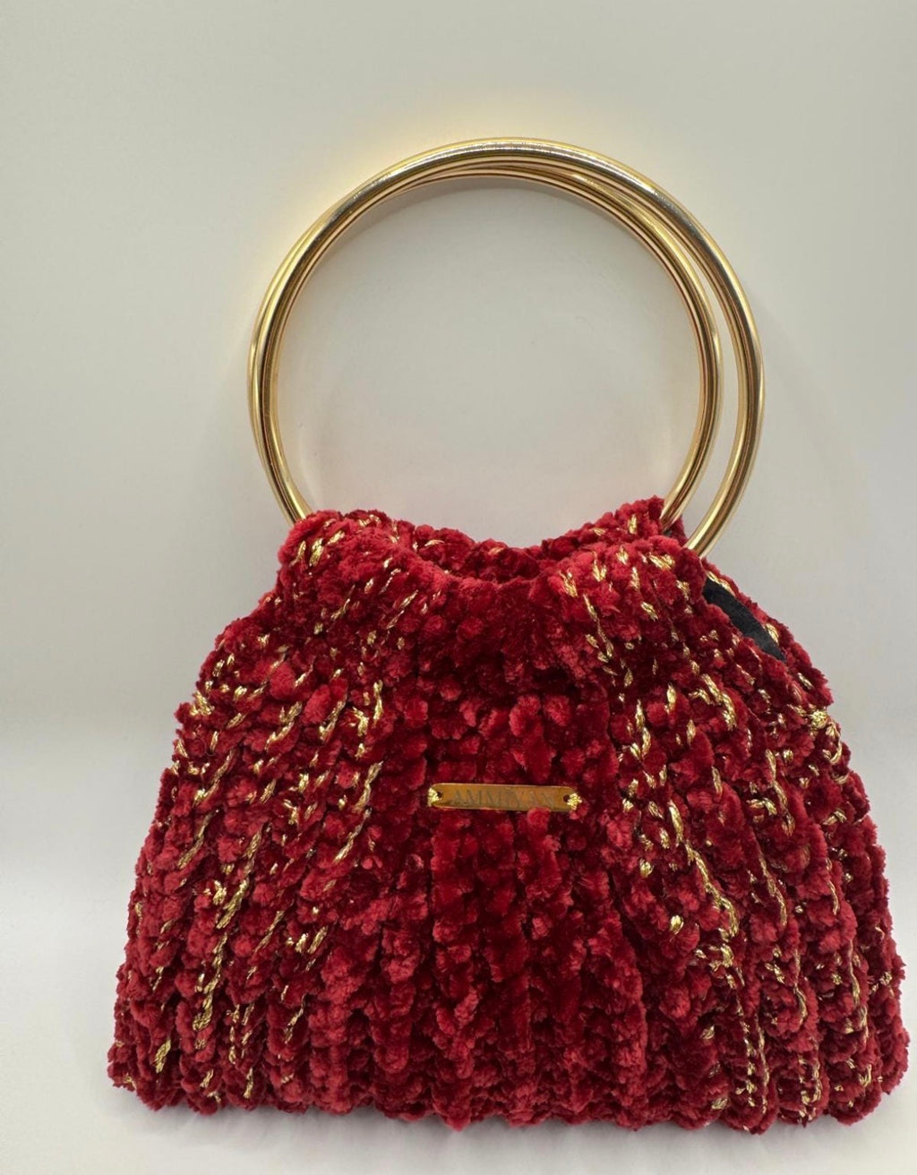 Handmade Red Velvet Crochet Bag | Gold Ring Handle Evening Purse | Wedding Clutch | Bridal Handbag