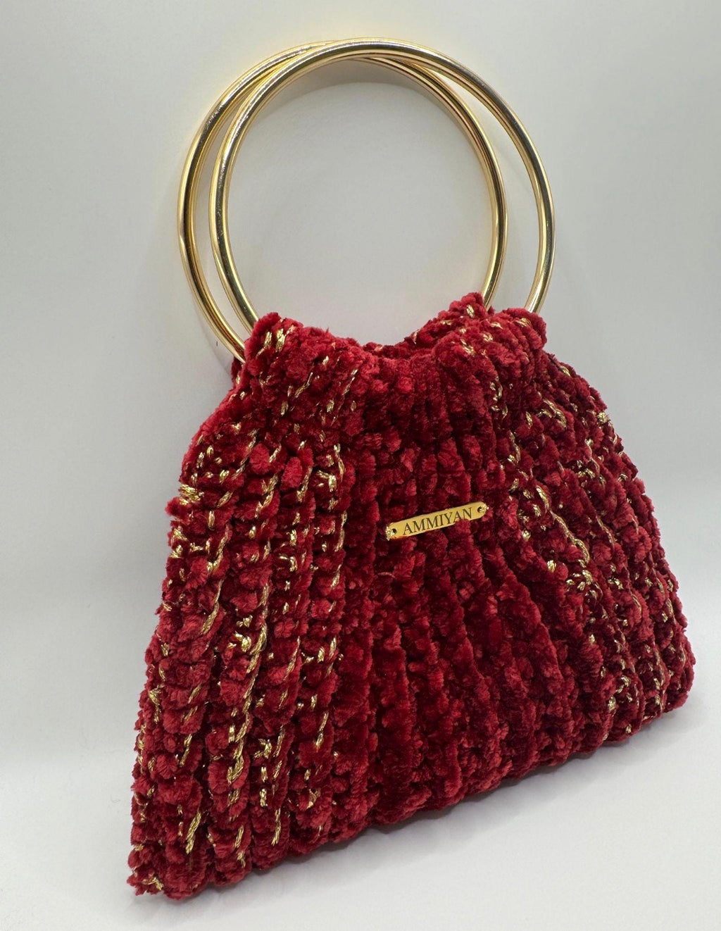 Handmade Red Velvet Crochet Bag | Gold Ring Handle Evening Purse | Wedding Clutch | Bridal Handbag