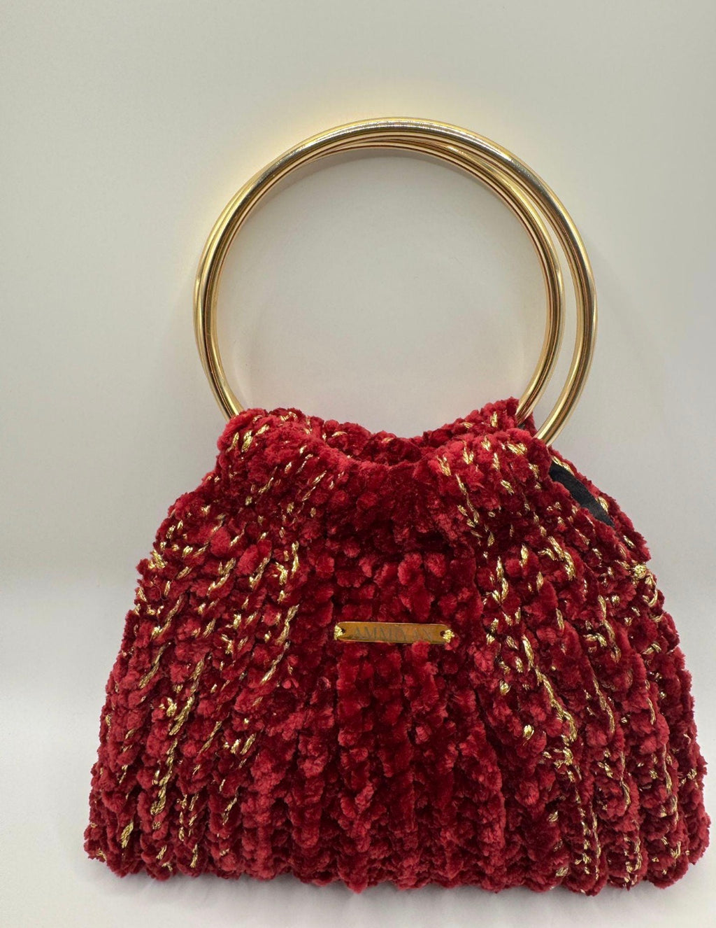 Handmade Red Velvet Crochet Bag | Gold Ring Handle Evening Purse | Wedding Clutch | Bridal Handbag