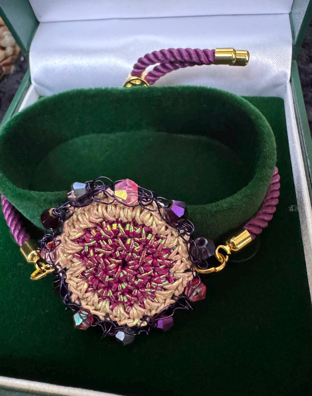 Handmade Crochet Mandala Bracelet | Purple Silk Cord Bangle | Boho Crystal Cuff | Statement Wristlet Gift
