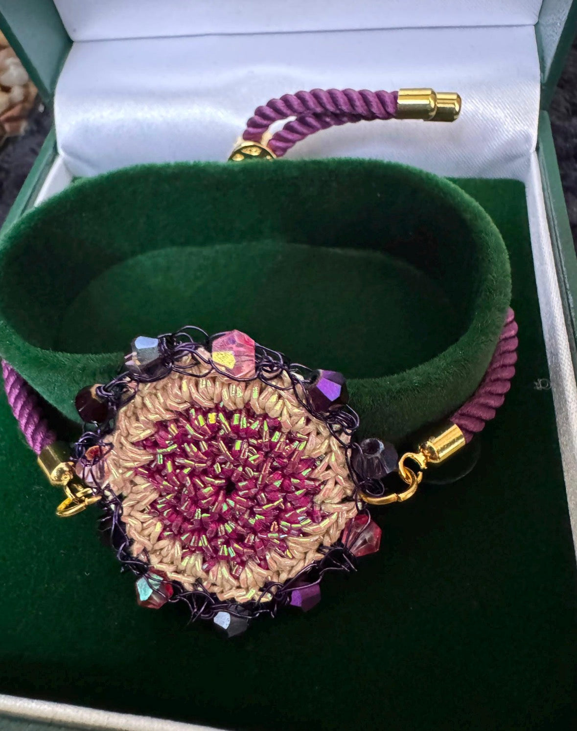 Handmade Crochet Mandala Bracelet | Purple Silk Cord Bangle | Boho Crystal Cuff | Statement Wristlet Gift