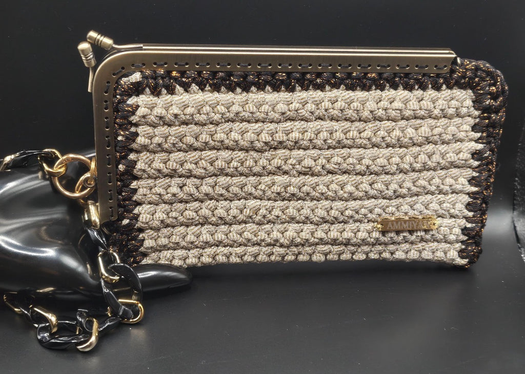 Handmade Crochet Clutch Bag | Champagne Gold Evening Purse with Chunky Chain