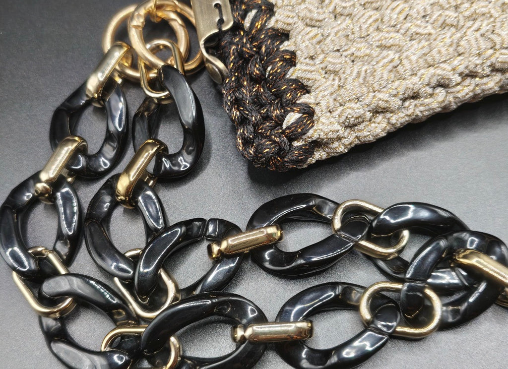 Handmade Crochet Clutch Bag | Champagne Gold Evening Purse with Chunky Chain