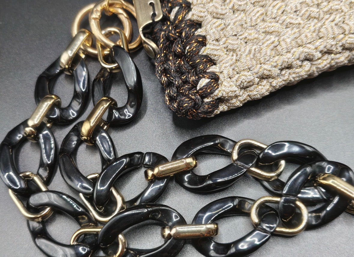 Handmade Crochet Clutch Bag | Champagne Gold Evening Purse with Chunky Chain