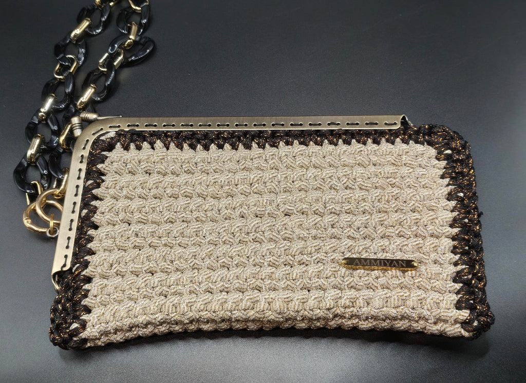 Handmade Crochet Clutch Bag | Champagne Gold Evening Purse with Chunky Chain