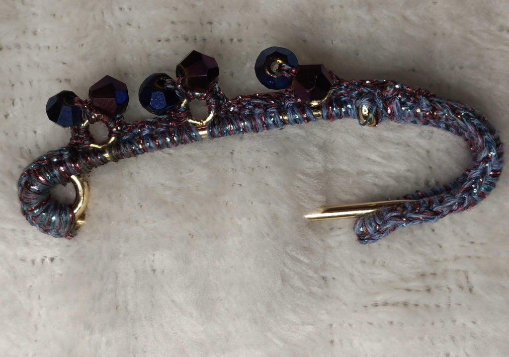 Hand-Crocheted Beaded Safety Pin Brooch | Iridescent Crystal Flower Kilt Pin
