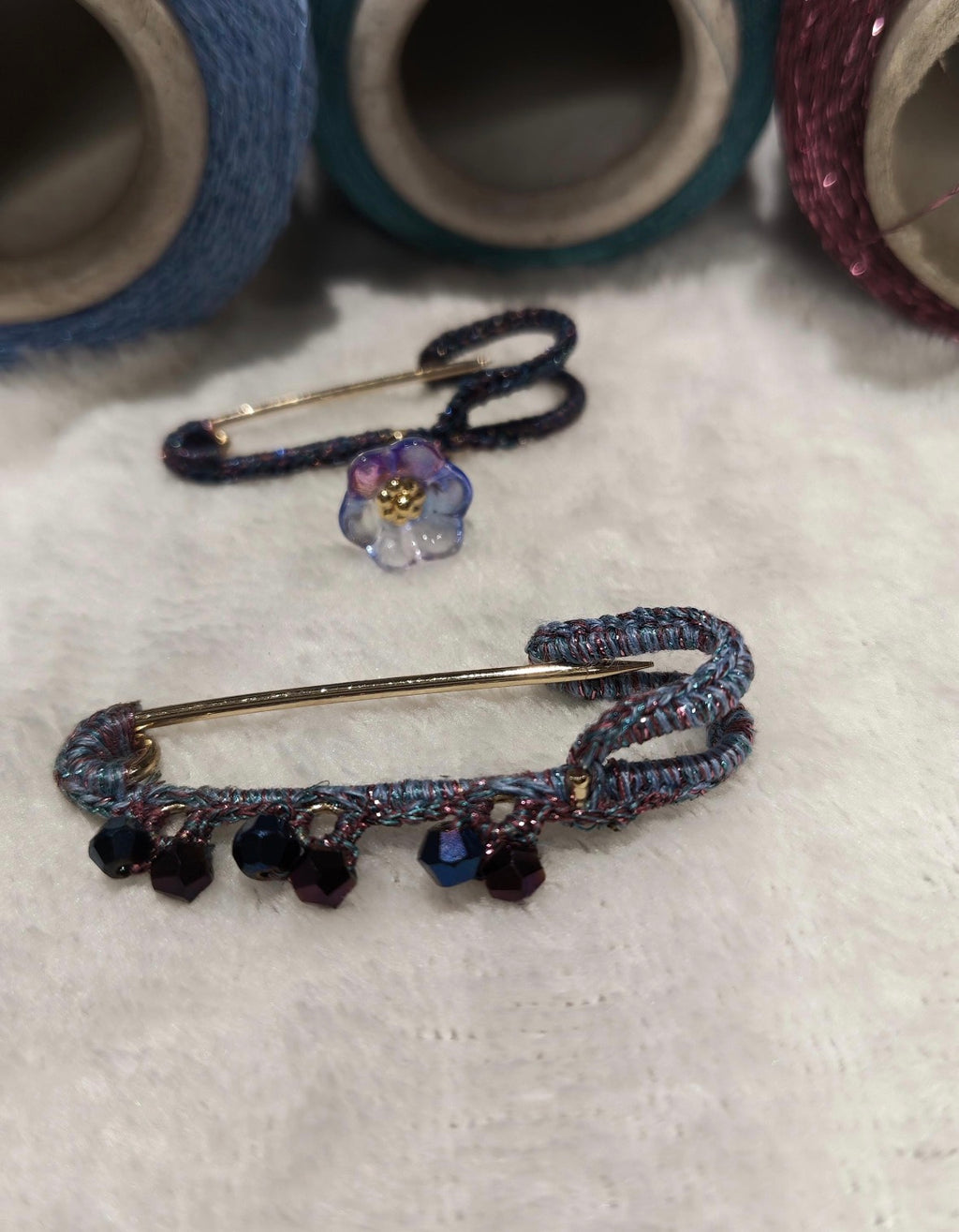 Hand-Crocheted Beaded Safety Pin Brooch | Iridescent Crystal Flower Kilt Pin