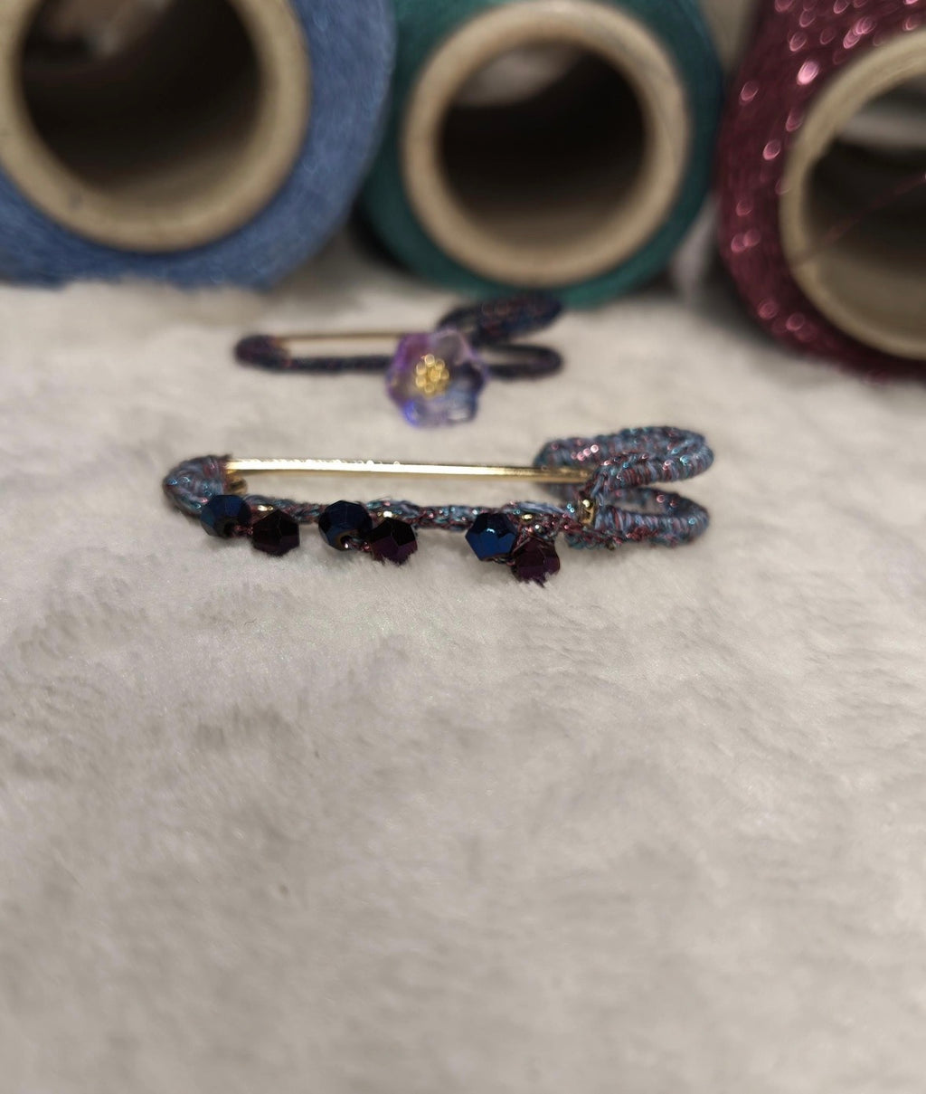 Hand-Crocheted Beaded Safety Pin Brooch | Iridescent Crystal Flower Kilt Pin