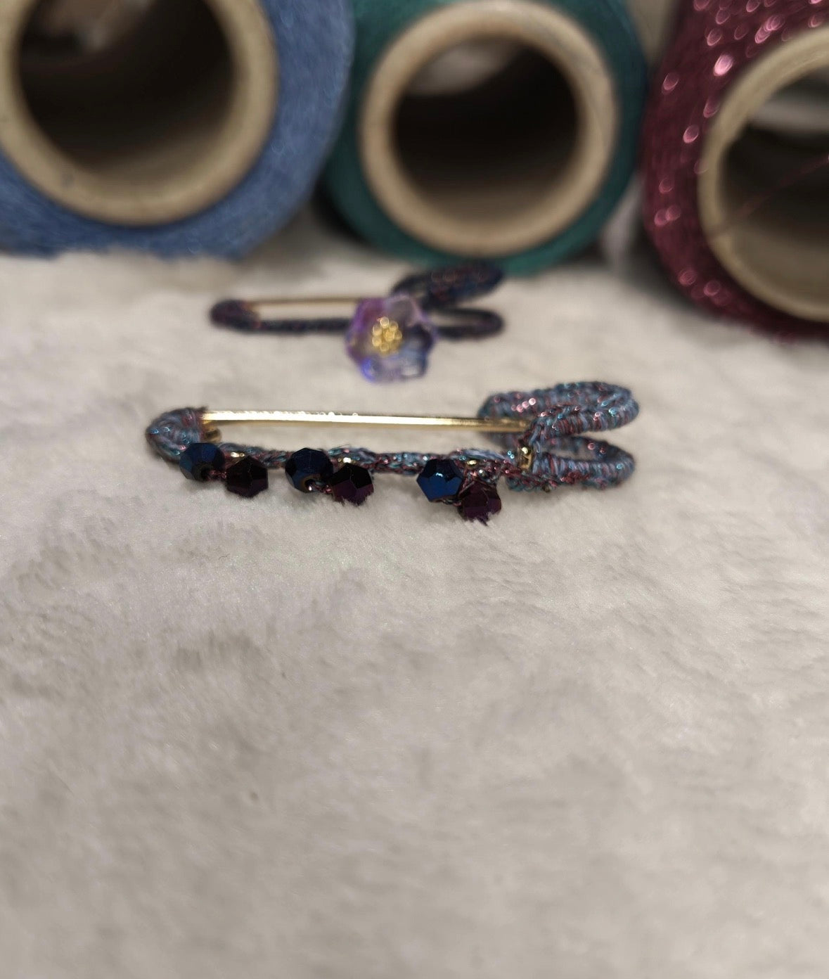 Hand-Crocheted Beaded Safety Pin Brooch | Iridescent Crystal Flower Kilt Pin