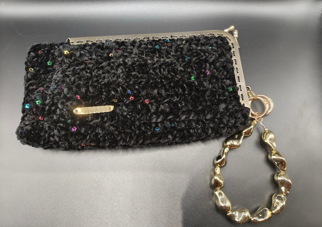 Black Crochet Clutch Bag | Gold Lurex Sequins, Golden acrylic Wristlet, Evening Purse
