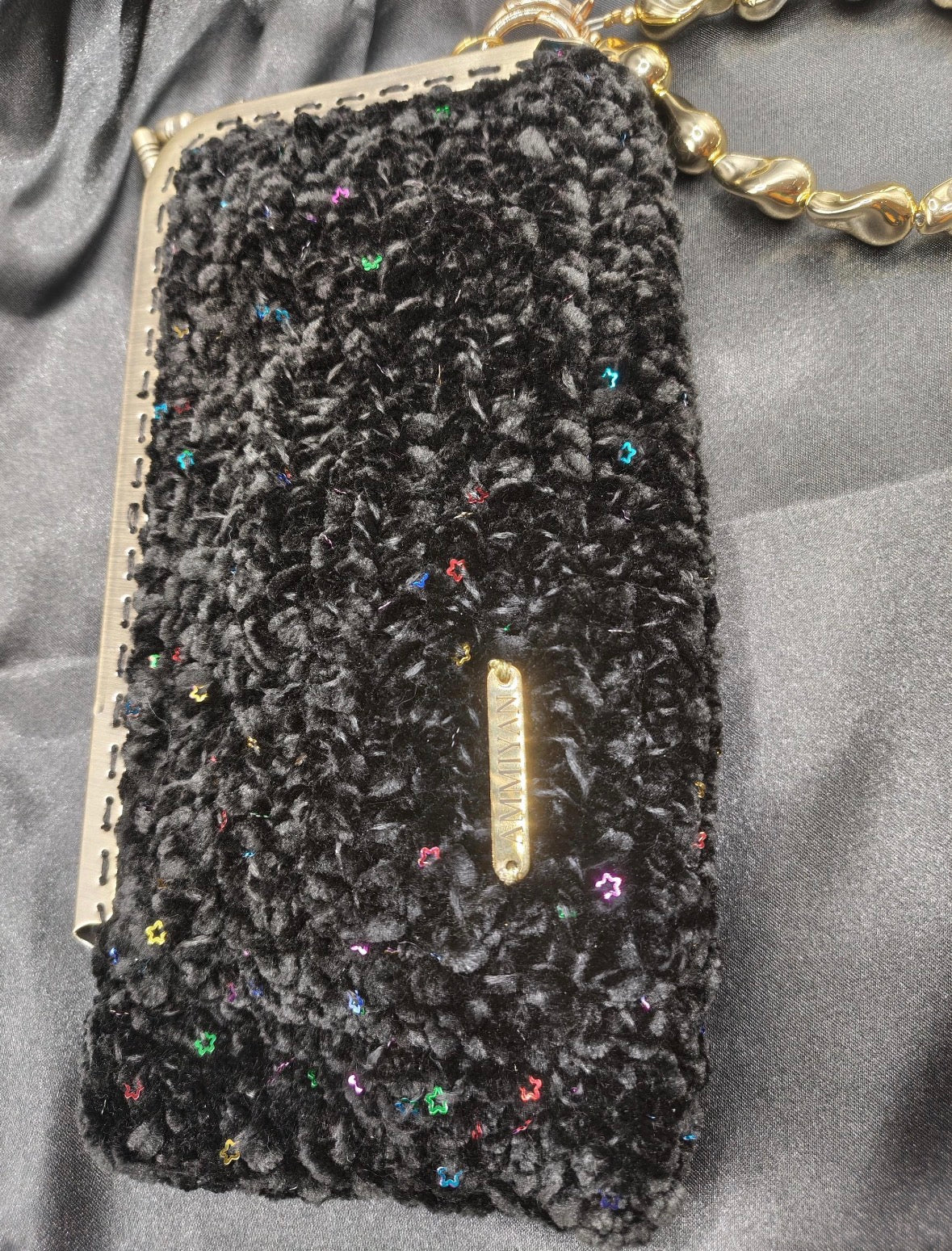 Black Crochet Clutch Bag | Gold Lurex Sequins, Golden acrylic Wristlet, Evening Purse