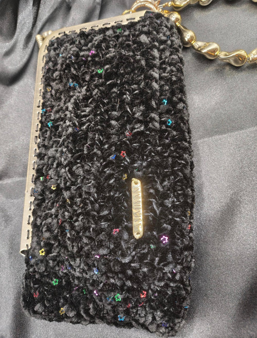 Black Crochet Clutch Bag | Gold Lurex Sequins, Golden acrylic Wristlet, Evening Purse